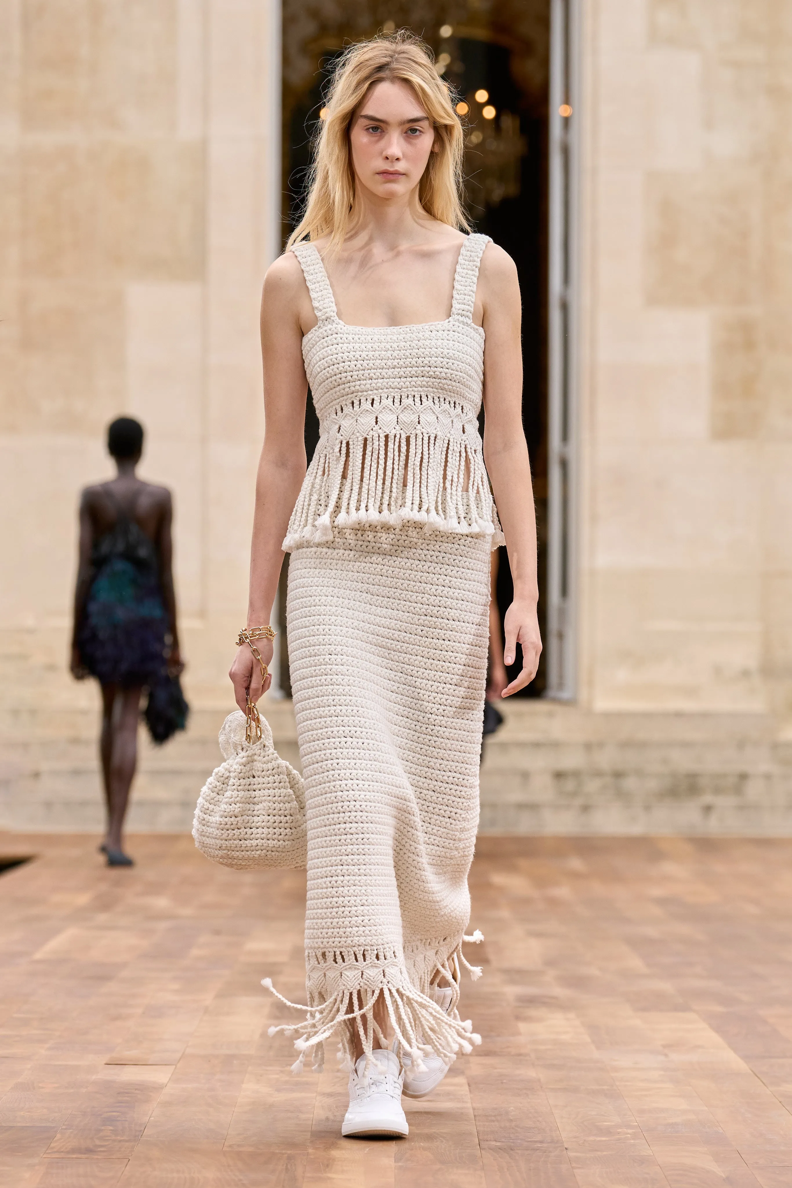 Romantic Vibe Macha Fringe Crochet Maxi Skirt in Ivory Cashmere