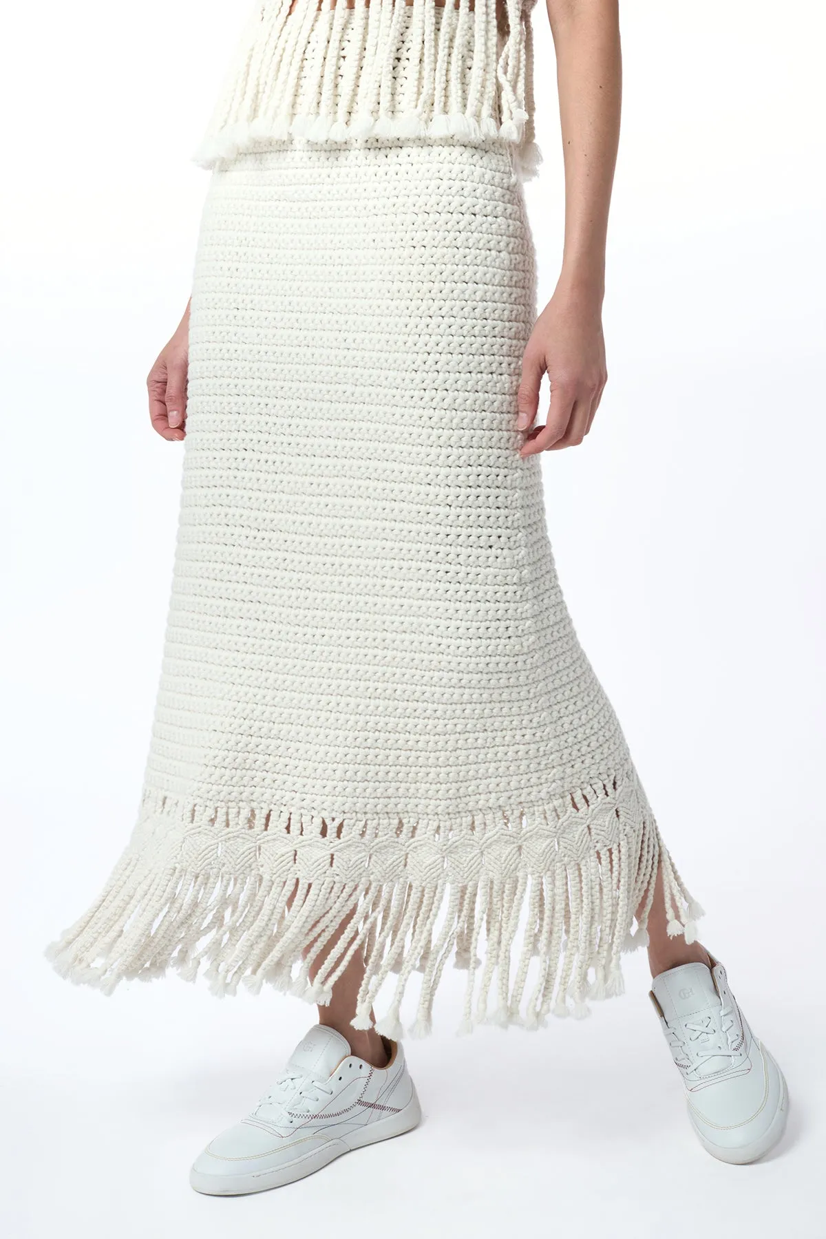 Macha Fringe Crochet Maxi Skirt in Ivory Cashmere Layered Structure