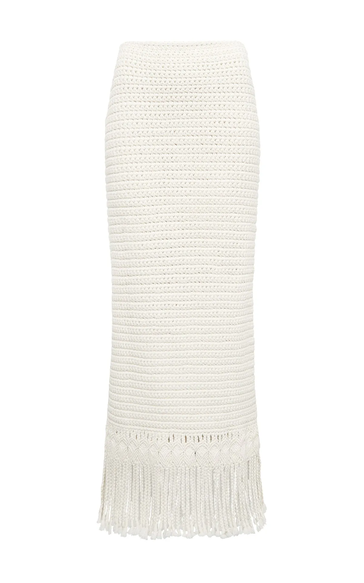 Crisscross Back Organic Cotton Macha Fringe Crochet Maxi Skirt in Ivory Cashmere