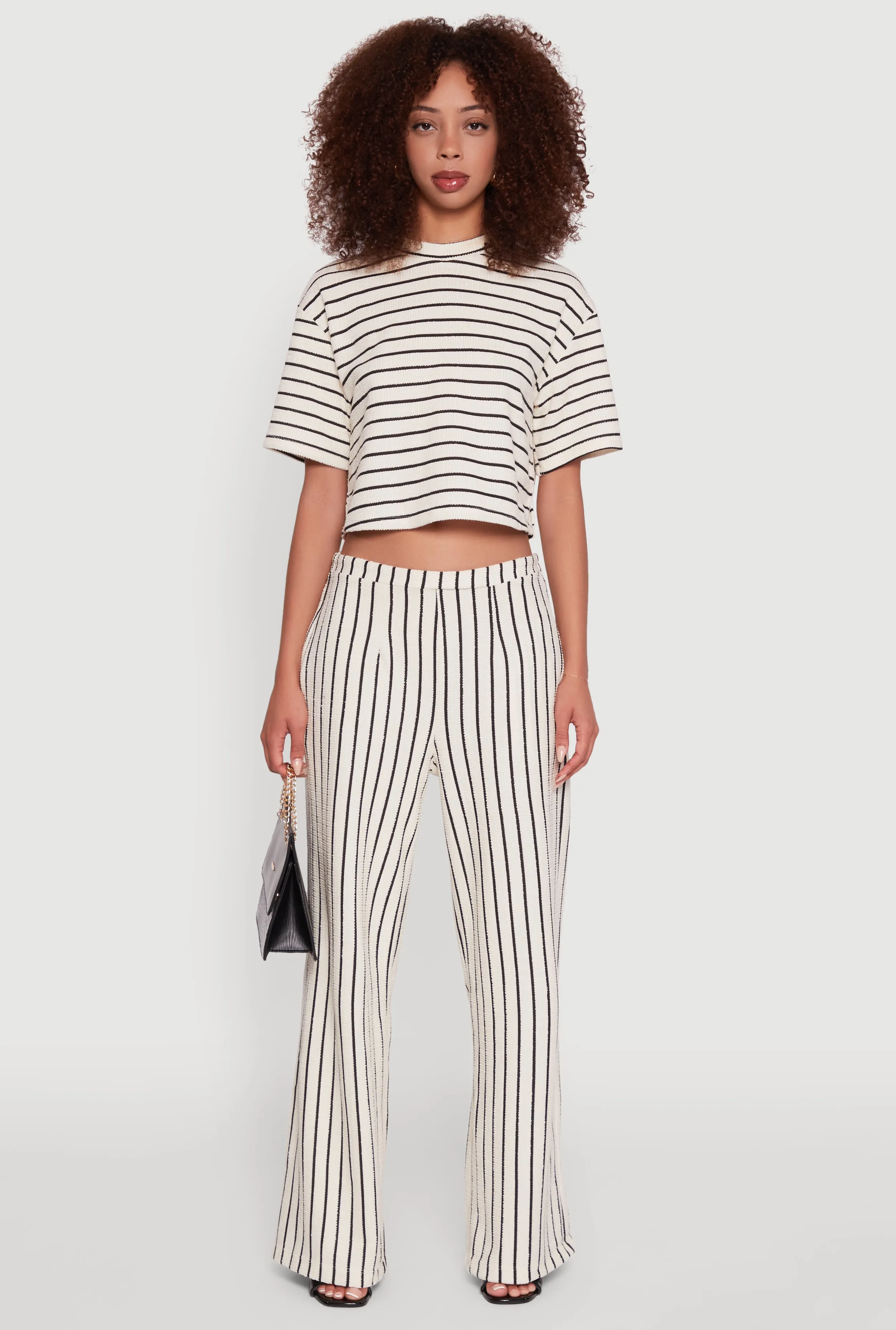 Trendy Classic Fit Striped Textured Knit Crop Top Cozy and Fashionable