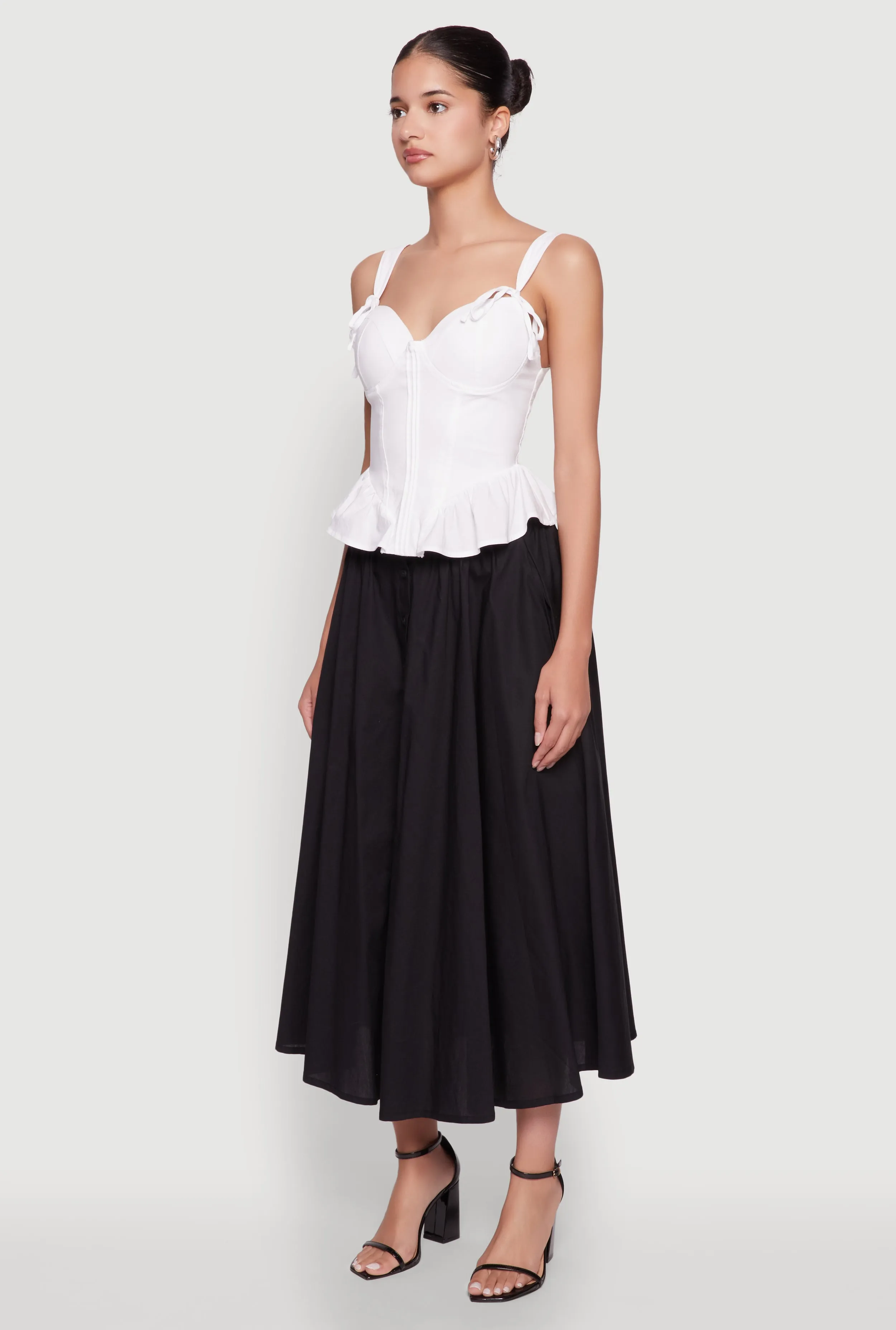 Chic Poplin Button Front Mid Length Skater Skirt Date night Outdoor Outfit