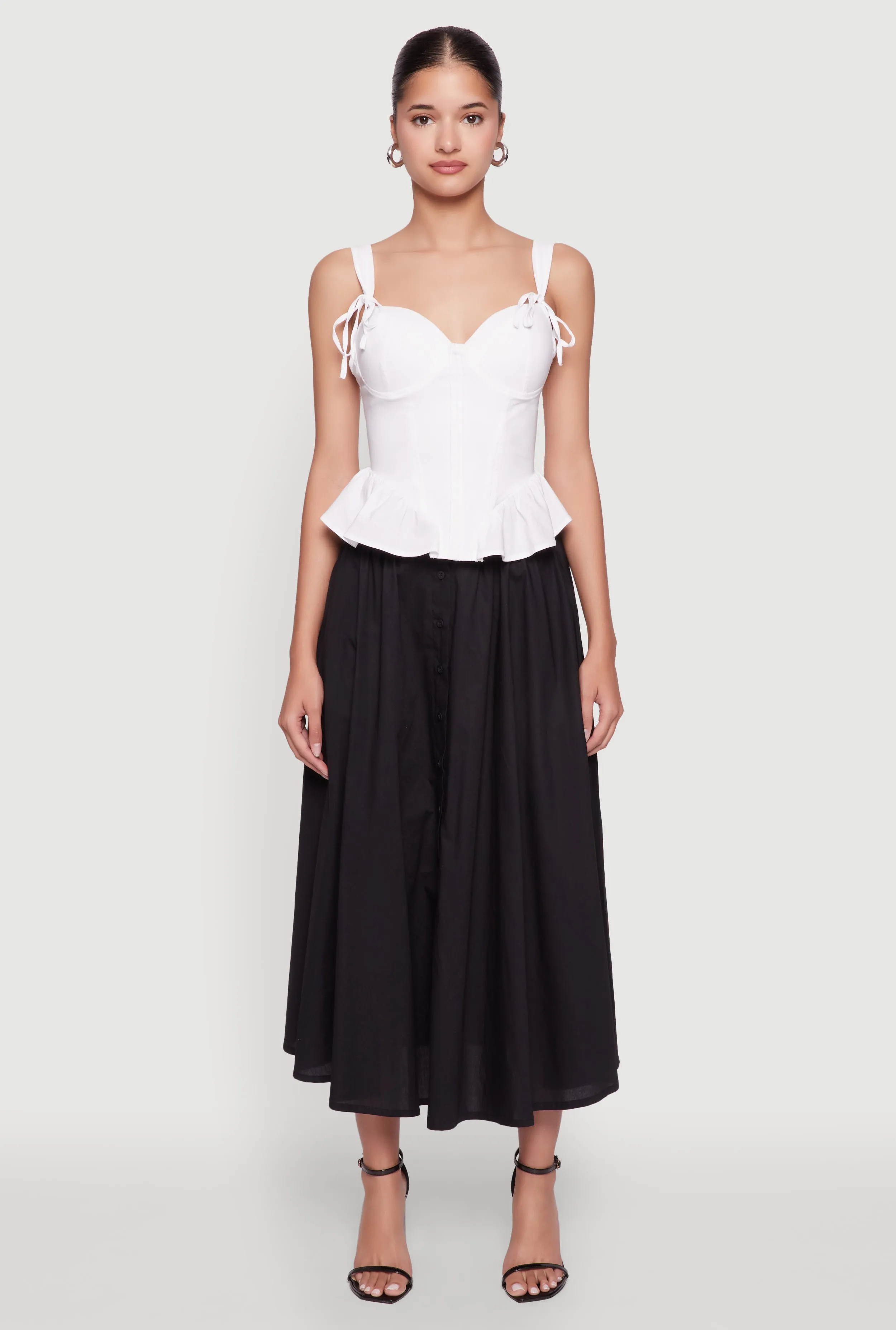 Chic Poplin Button Front Mid Length Skater Skirt Sophisticated Casual
