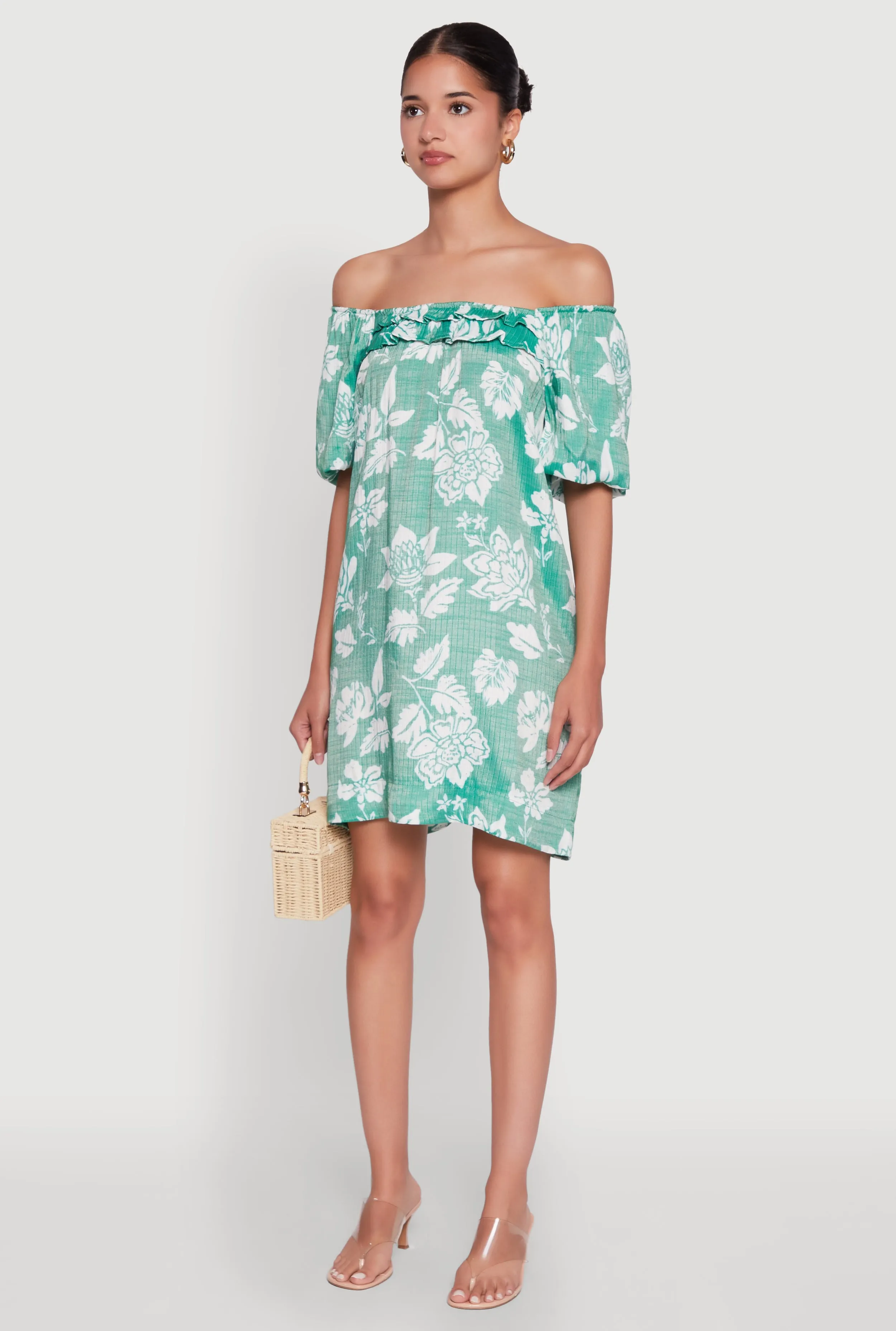 Floral Off Shoulder Bubble Sleeve Shift Dress with Ruffles Daring Mode Edge Mood