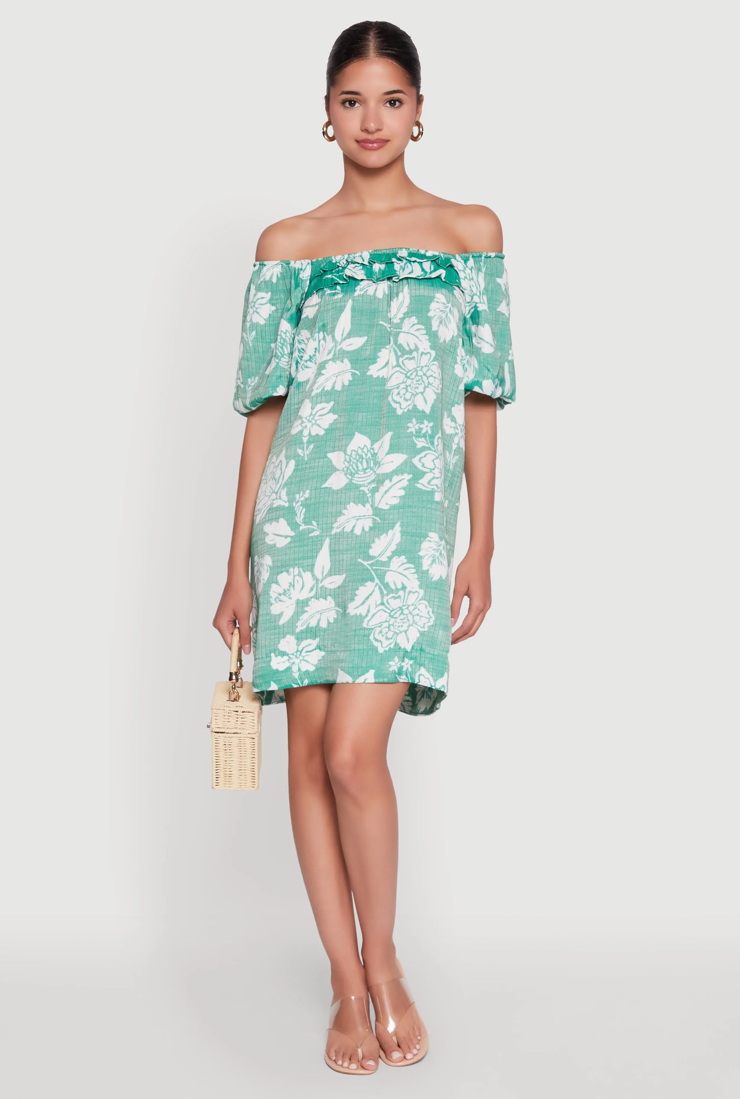 Floral Off Shoulder Bubble Sleeve Shift Dress with Ruffles Loud Edge