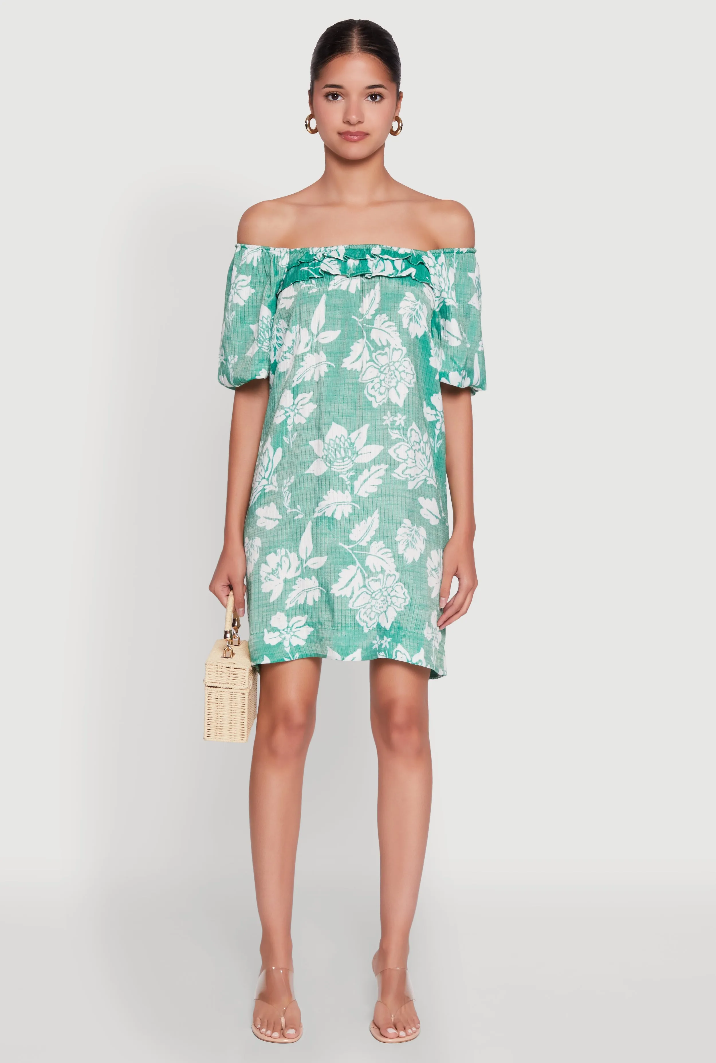 Fashionable short dress for events Night Sparkle Floral Off Shoulder Bubble Sleeve Shift Dress with Ruffles