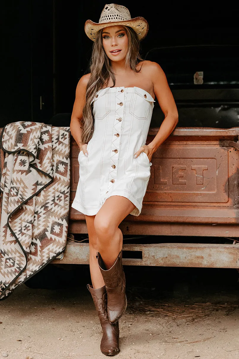In Her Element Strapless Denim Mini Dress (White) Pack Quick Cozy Style Wear