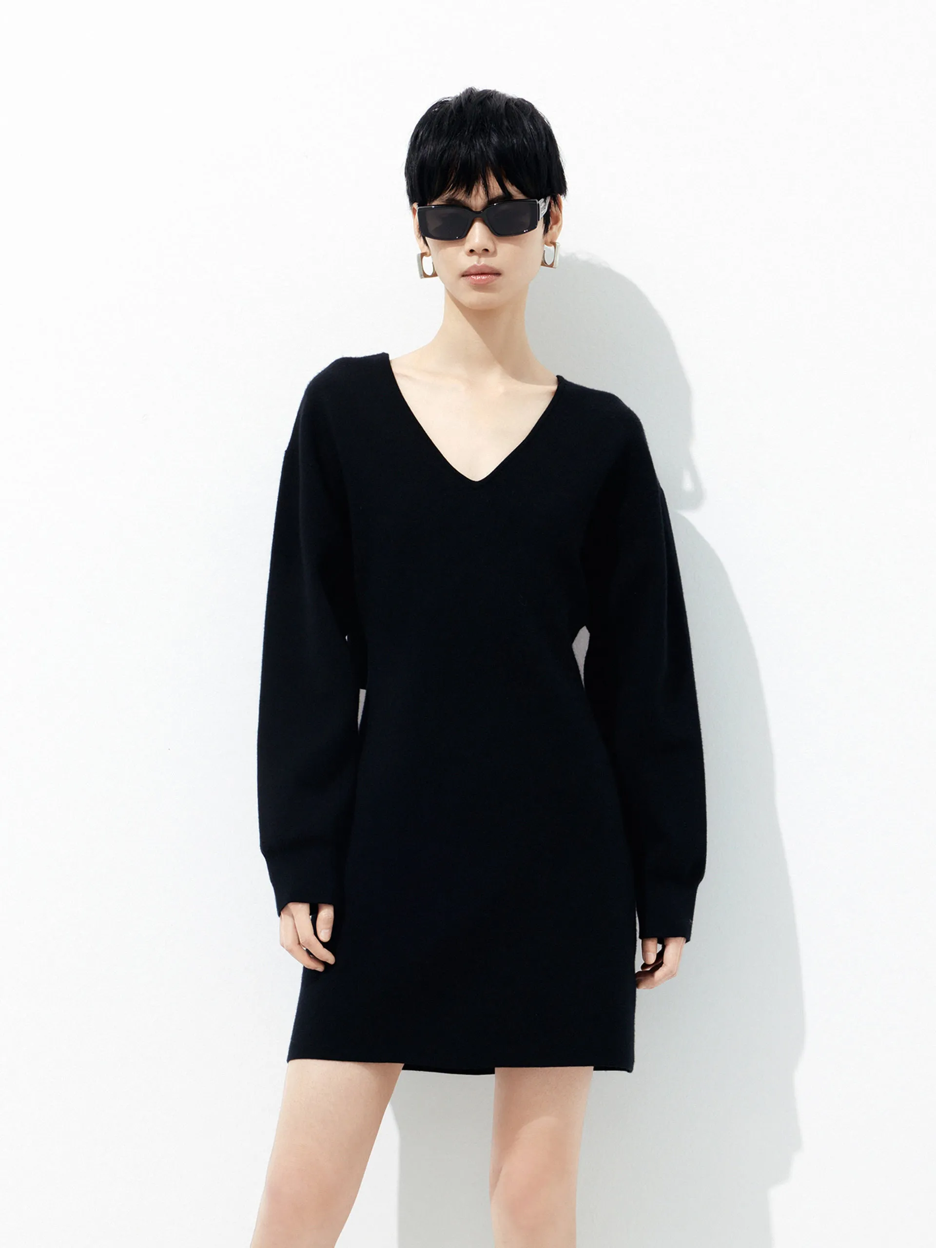 Modern and sleek mini Shine Bold Wool Blend V Neck Dress