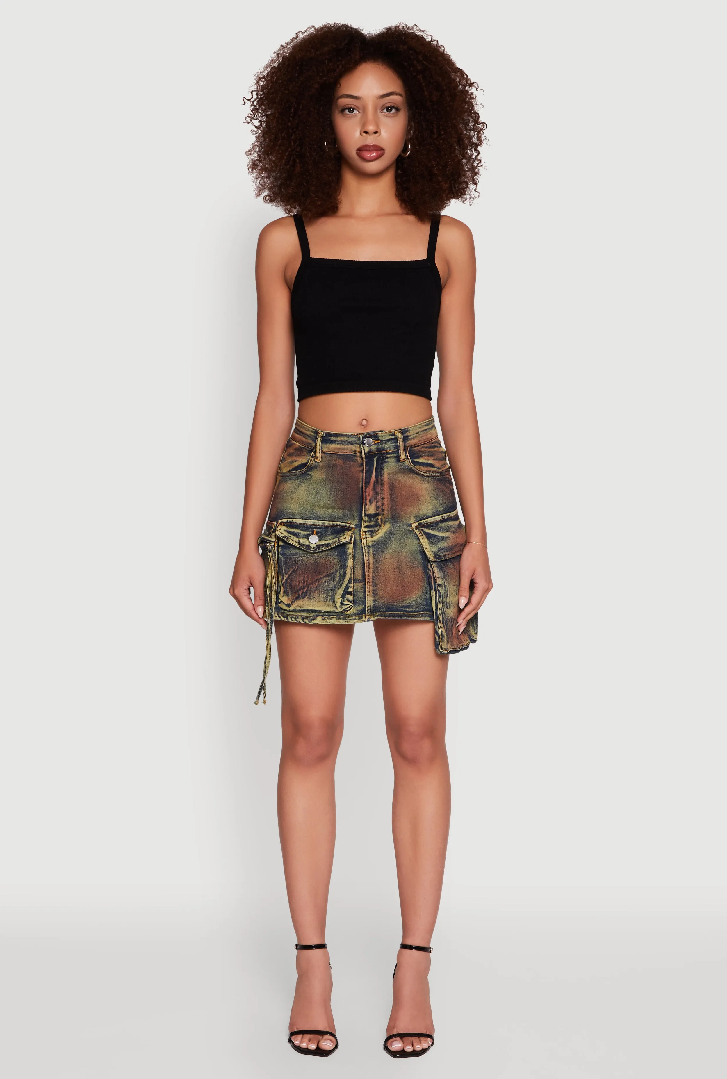 Subtle Detail Creative Layering Daisy Acid Wash Cargo Pocket Mini Denim Skirt