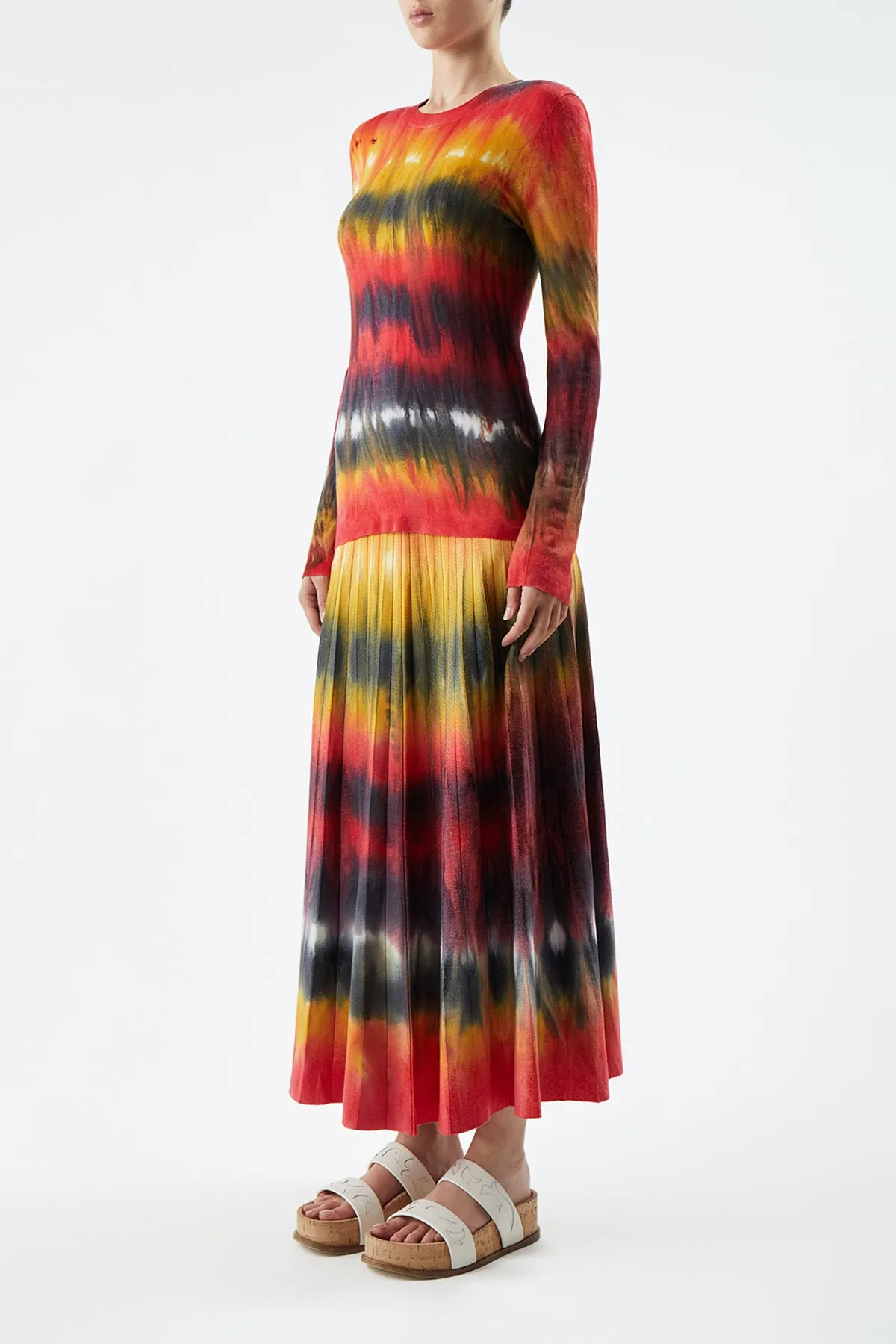 Collaboration Piece Dust Proof Fabric Ella Knit Midi Skirt in Fire Tie Dye Cashmere