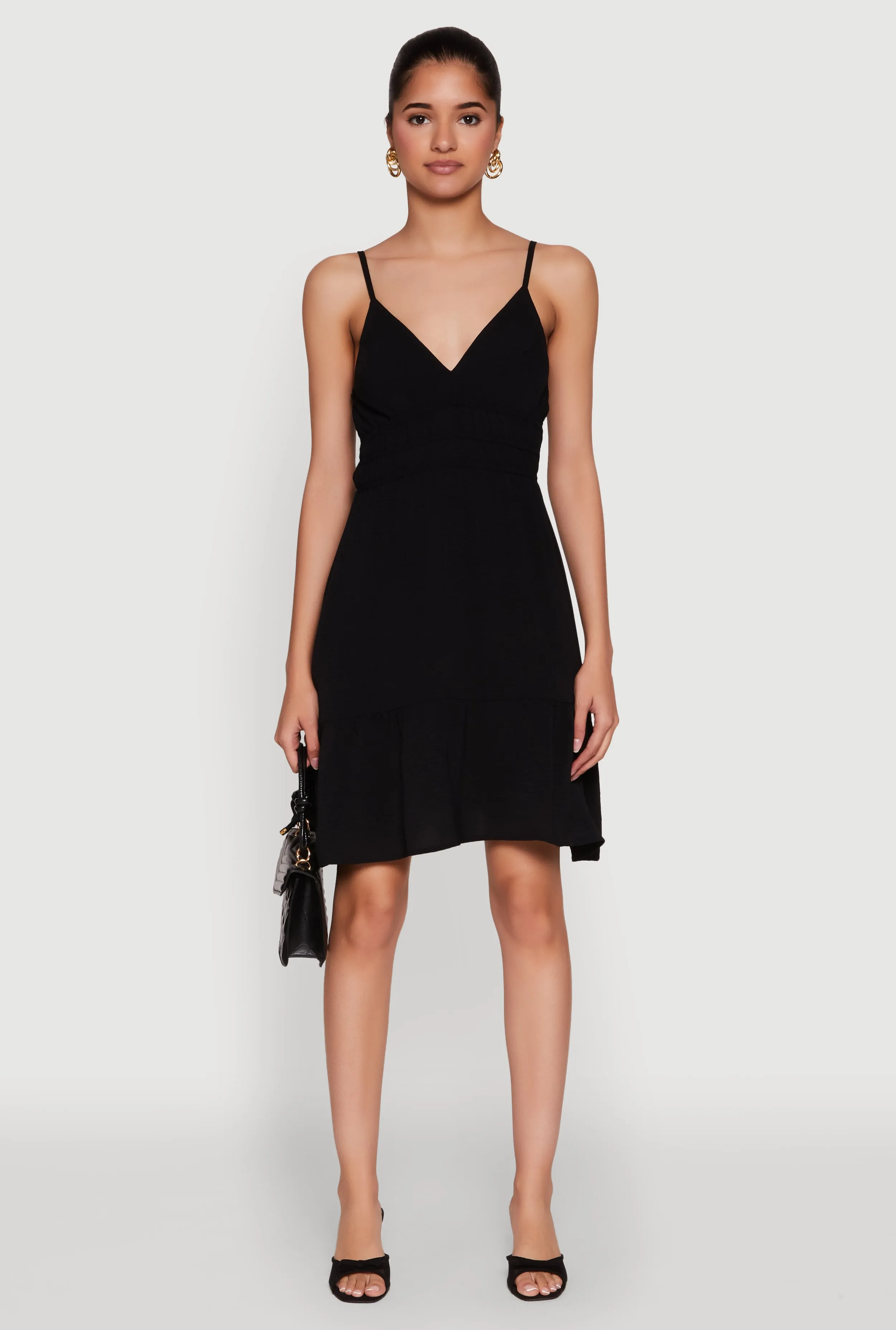 Flexible Knit Structure Sleeveless Empire Waist Dress with V Neck and Adjustable Straps
