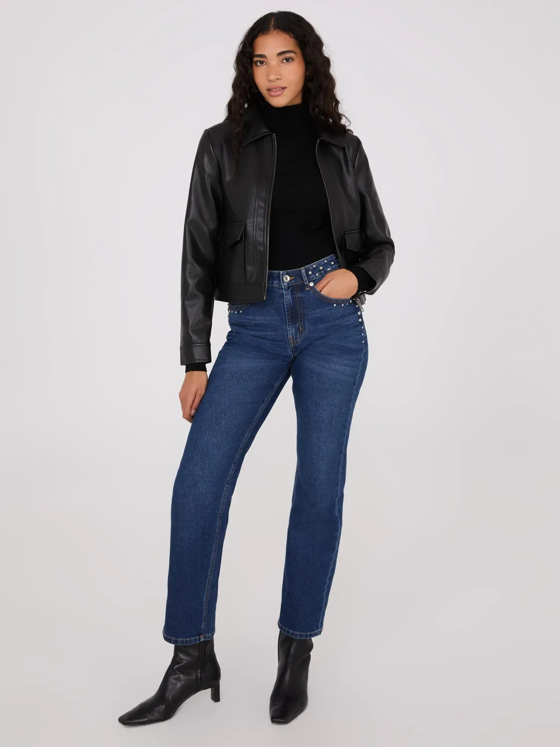 Trend Setter Sunny Vibes Casual Solution Studded Straight Leg Jeans