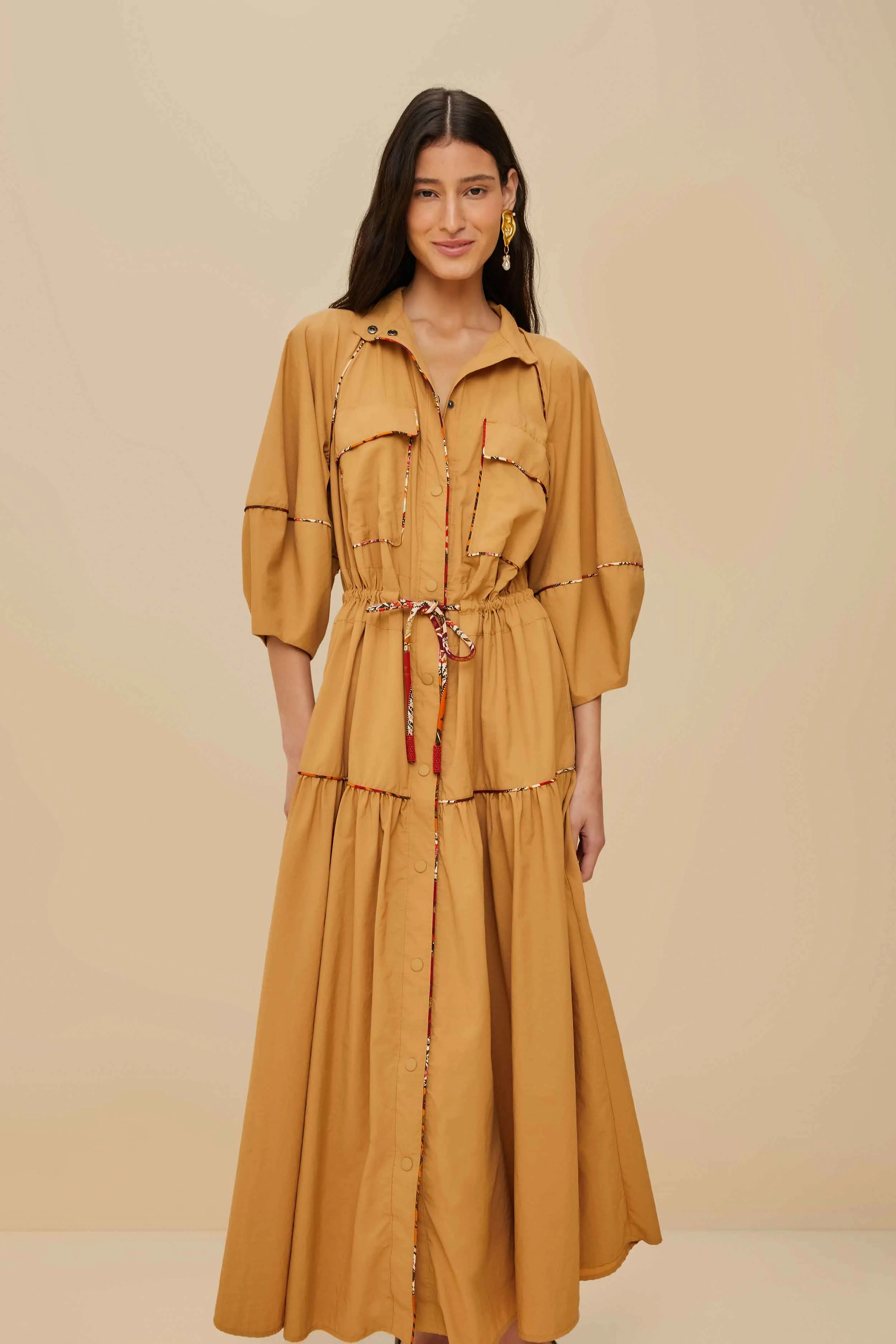 Copper Glow Contemporary Style Caramel Chemise Midi Dress