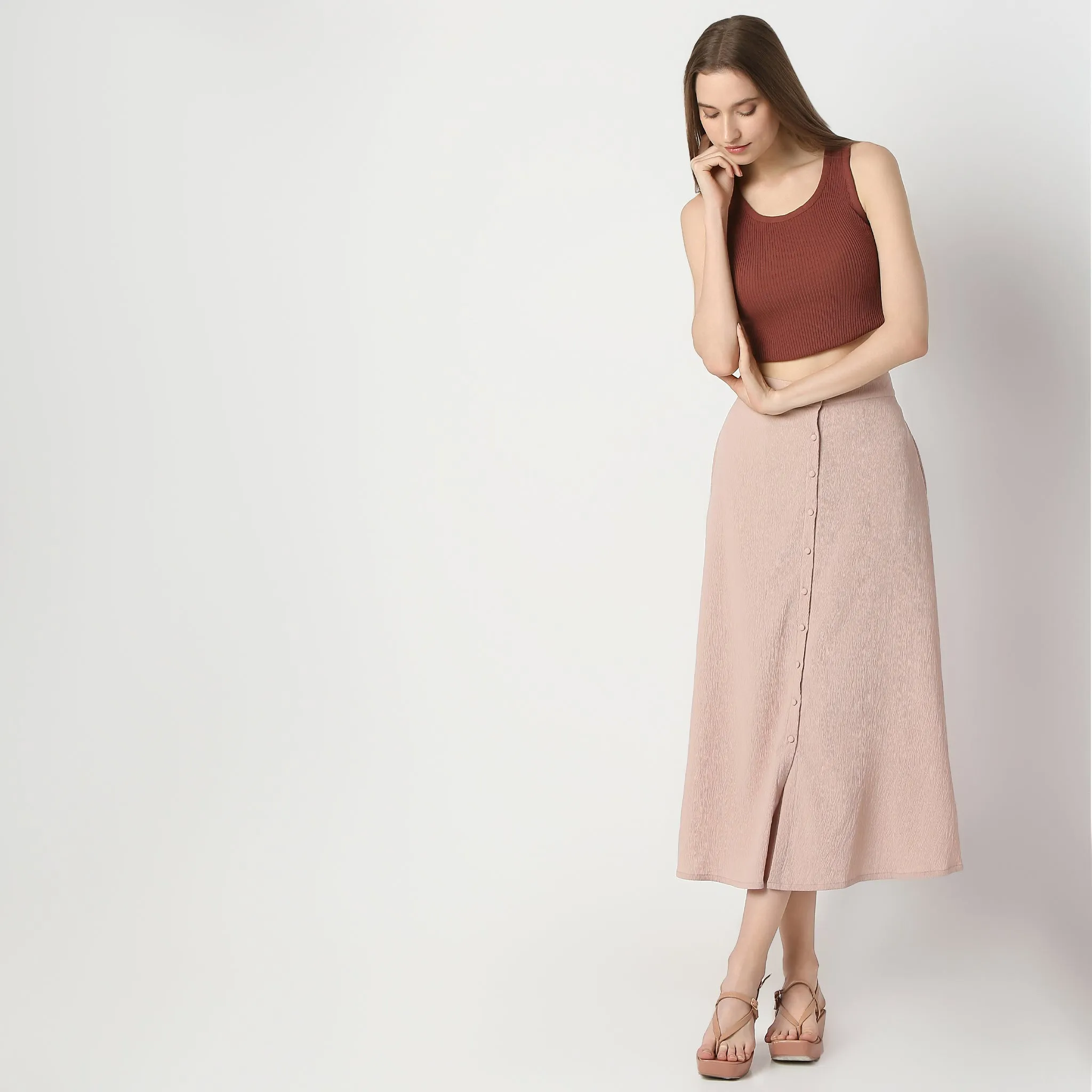 Flare Fit Calf Length High Rise Elasticated Waist Skirt Velvet Soul