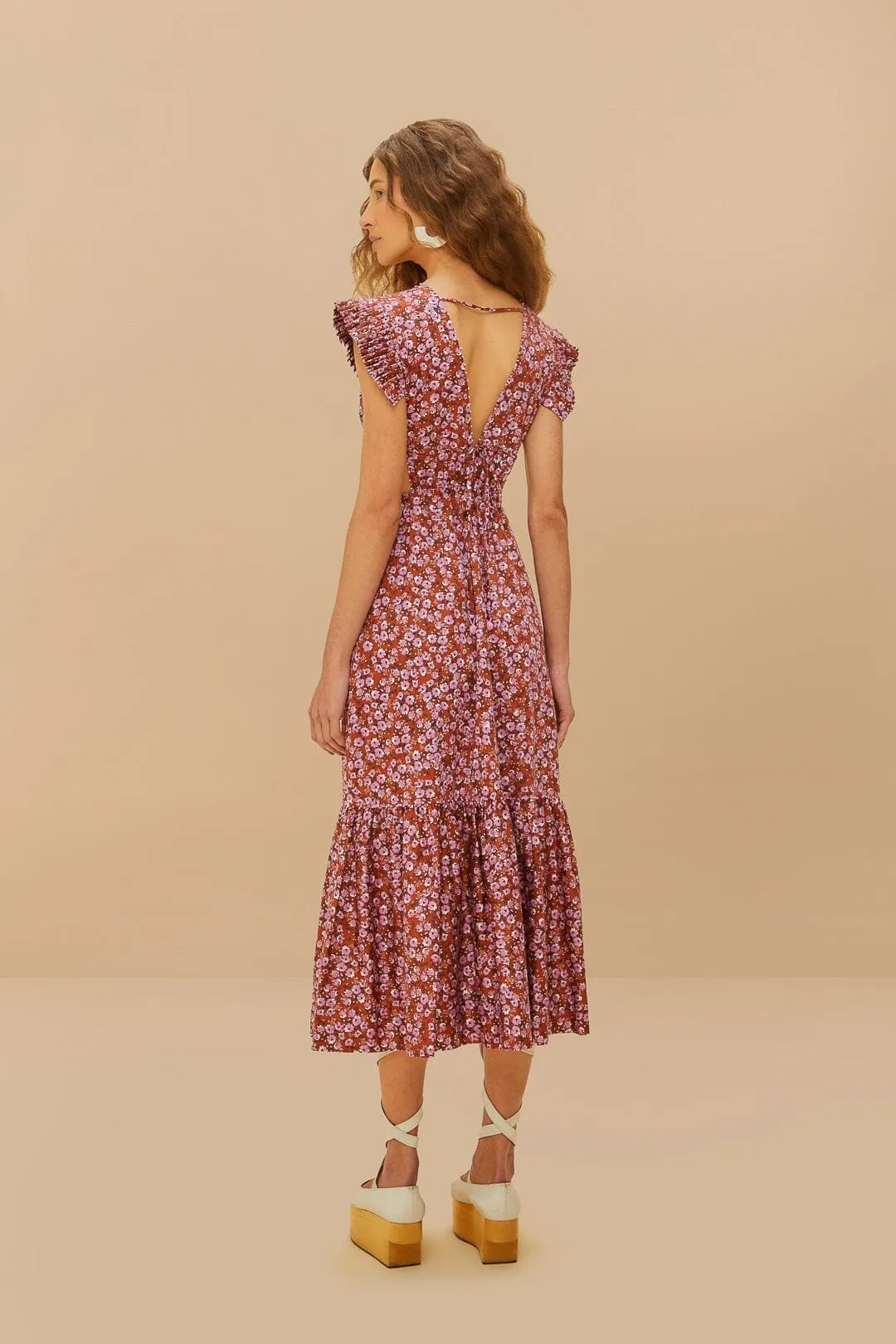 Feast Table Autumn Leaf Brown Tiny Yard Butterfly Midi Dress
