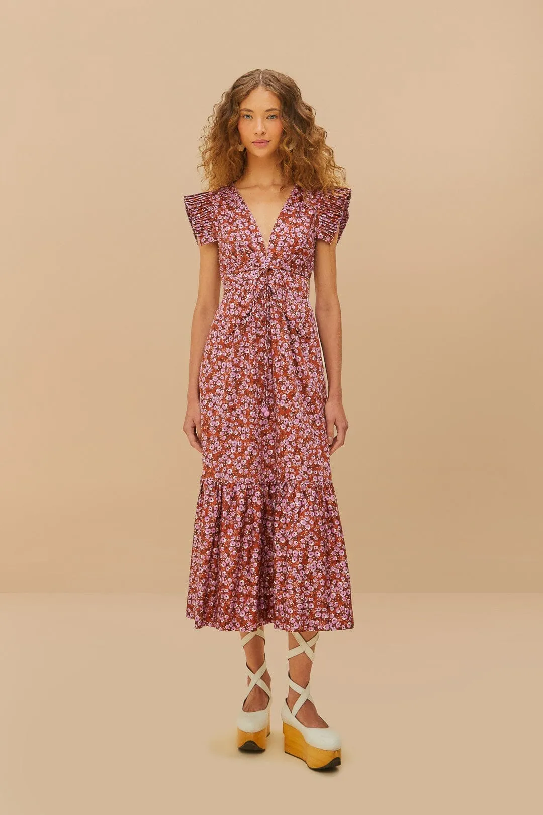 Brown Tiny Yard Butterfly Midi Dress Vibrant Style Low Effort