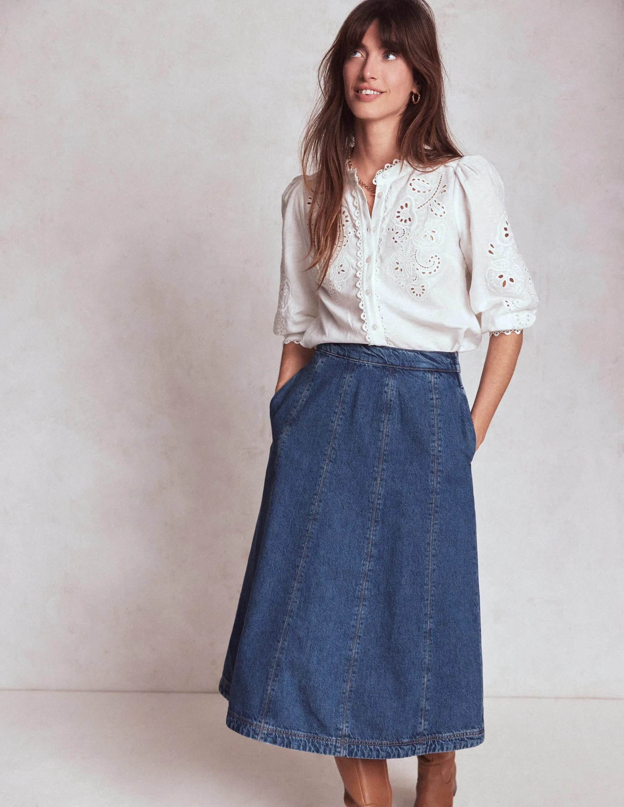 Wardrobe Hero Smart Fit Joy Panelled Denim Skirt-Mid Wash