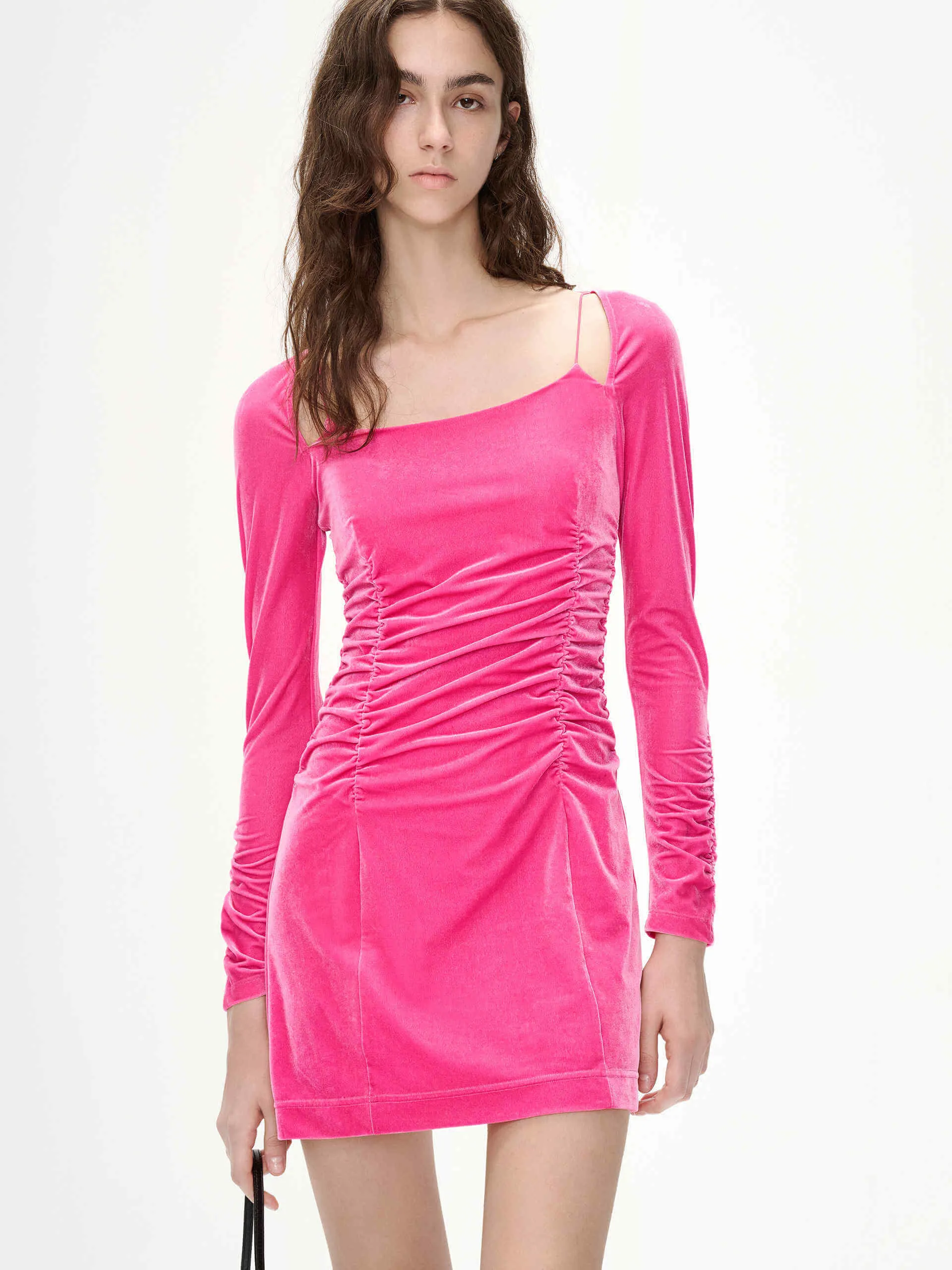 Pleated Detail Velvet Dress Street Chic Floral Design Wear