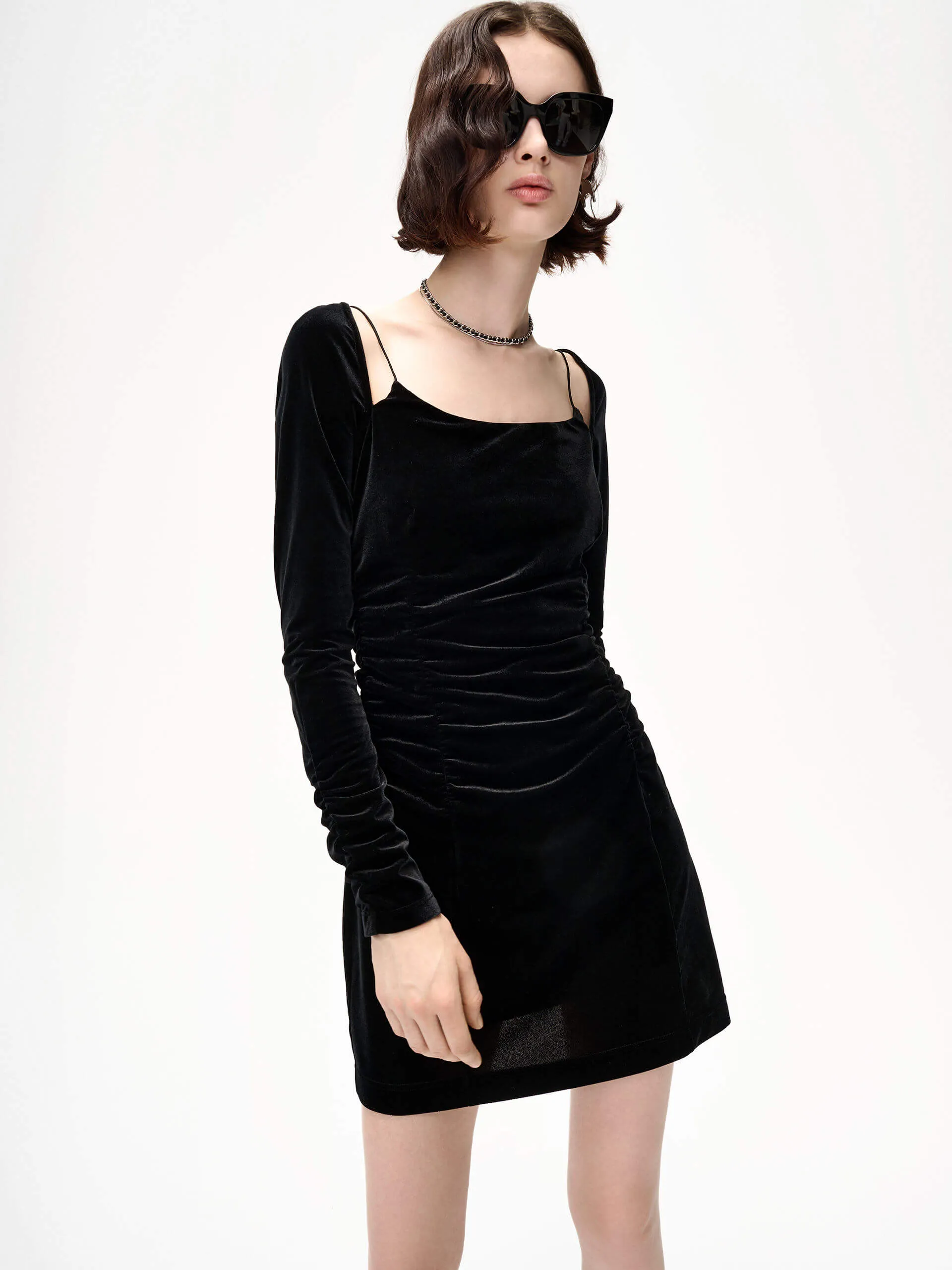Casual Comfort Look Pleated Detail Velvet Dress