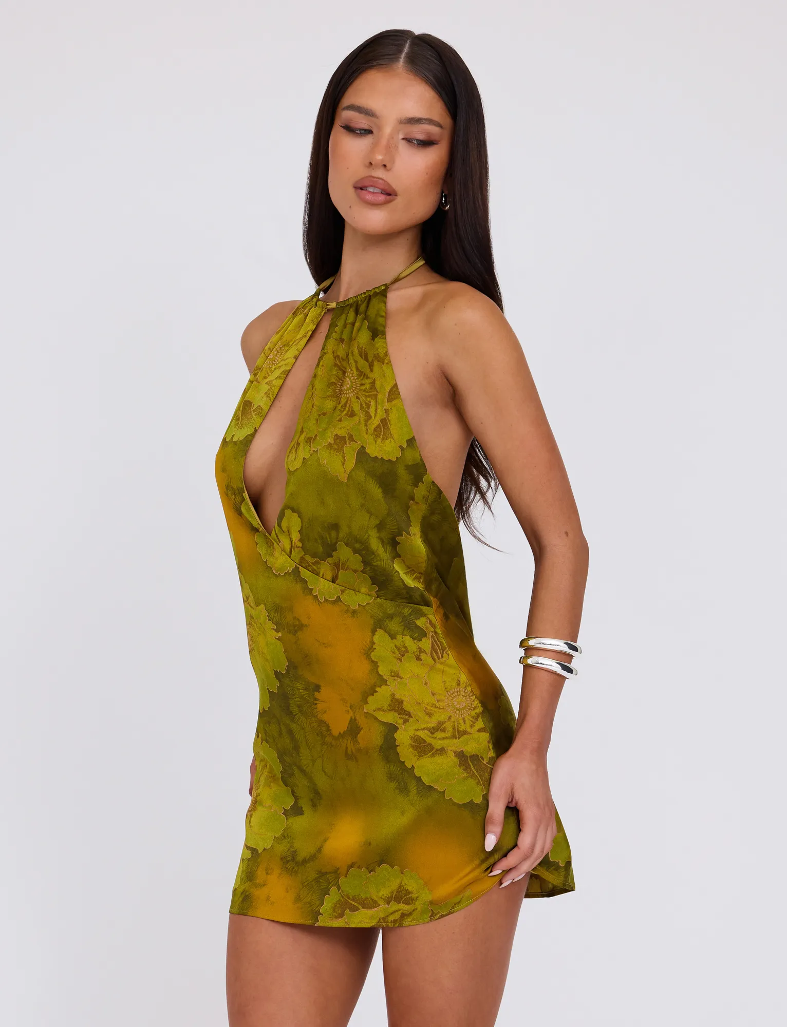 Relaxed Style Cross Back Support Design MONROE DRESS - GREEN : WATER COLOUR FLORAL