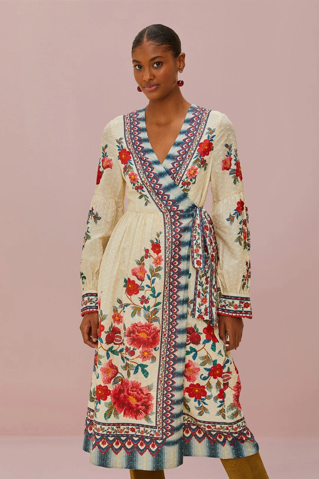 Midi dress with waist tie Sand Mosaic Garden Wrap Midi Dress