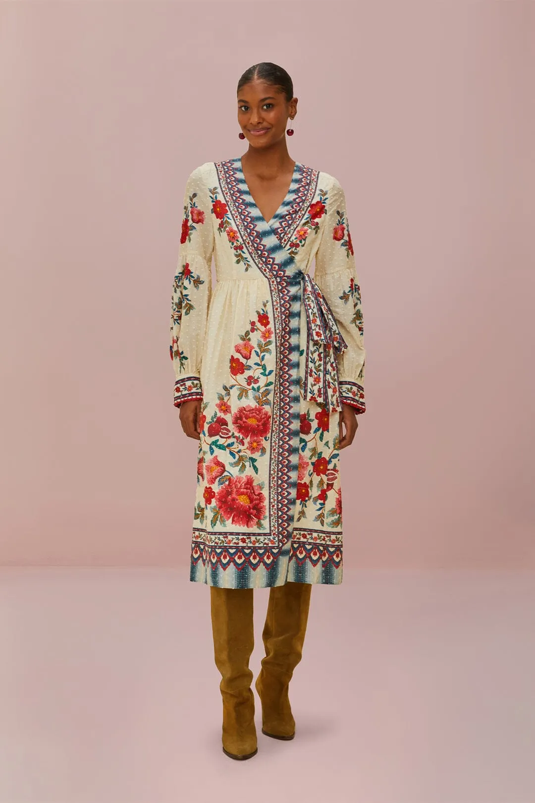 Sophisticated Fit Sand Mosaic Garden Wrap Midi Dress