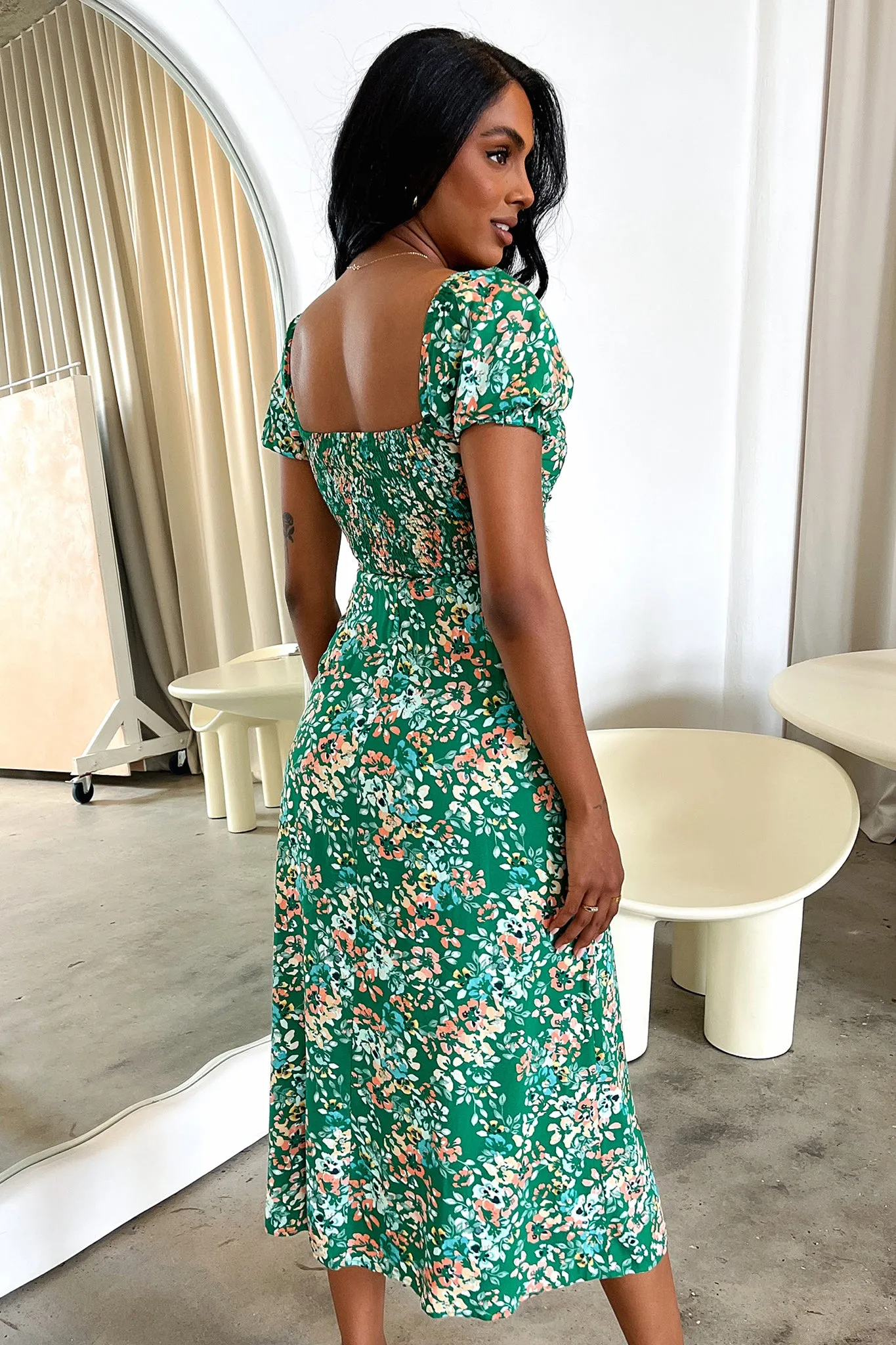 Solem Midi Dress - Dark Green Floral Palace View