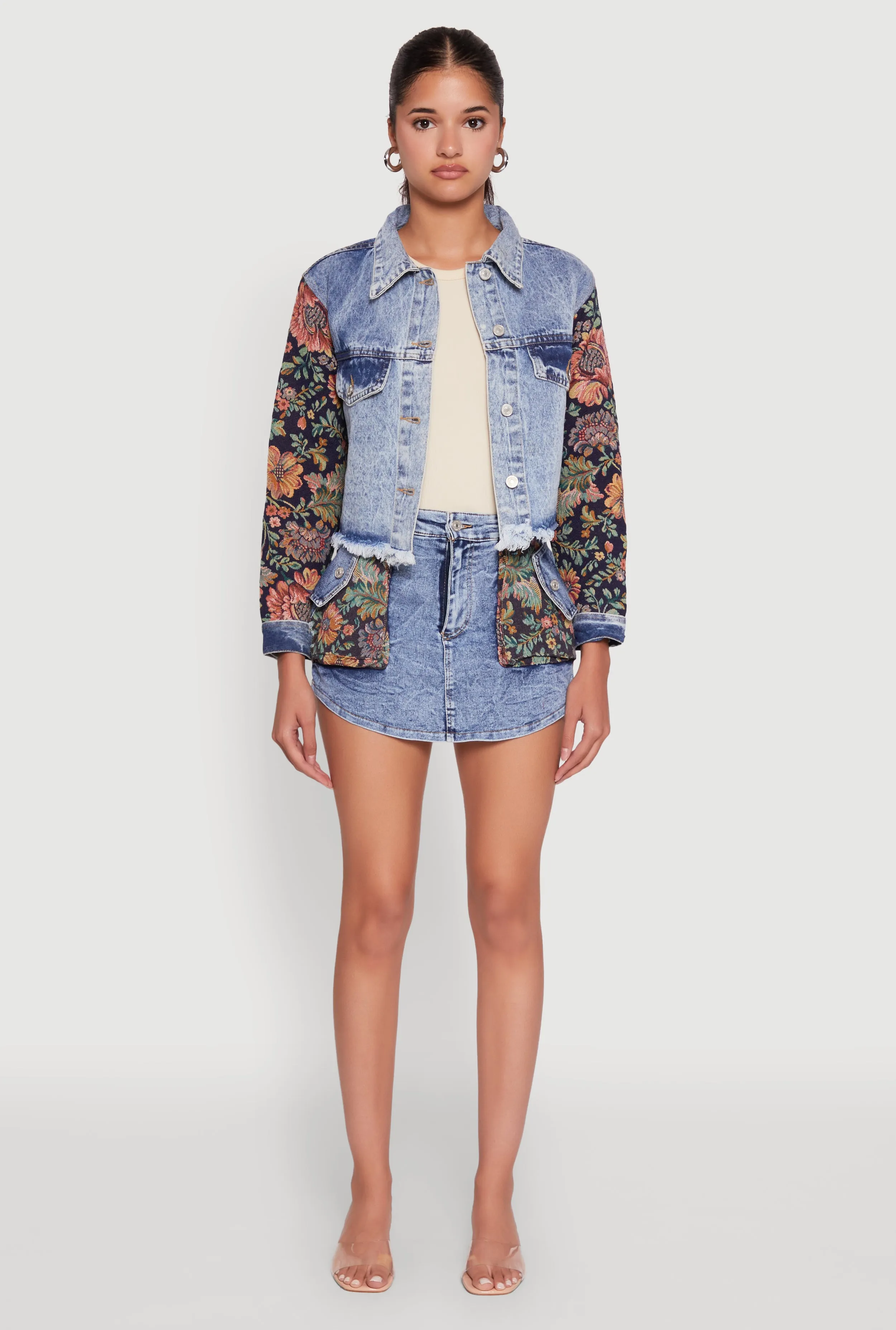 Floral Jacquard High Waisted Denim Skort Matte Texture
