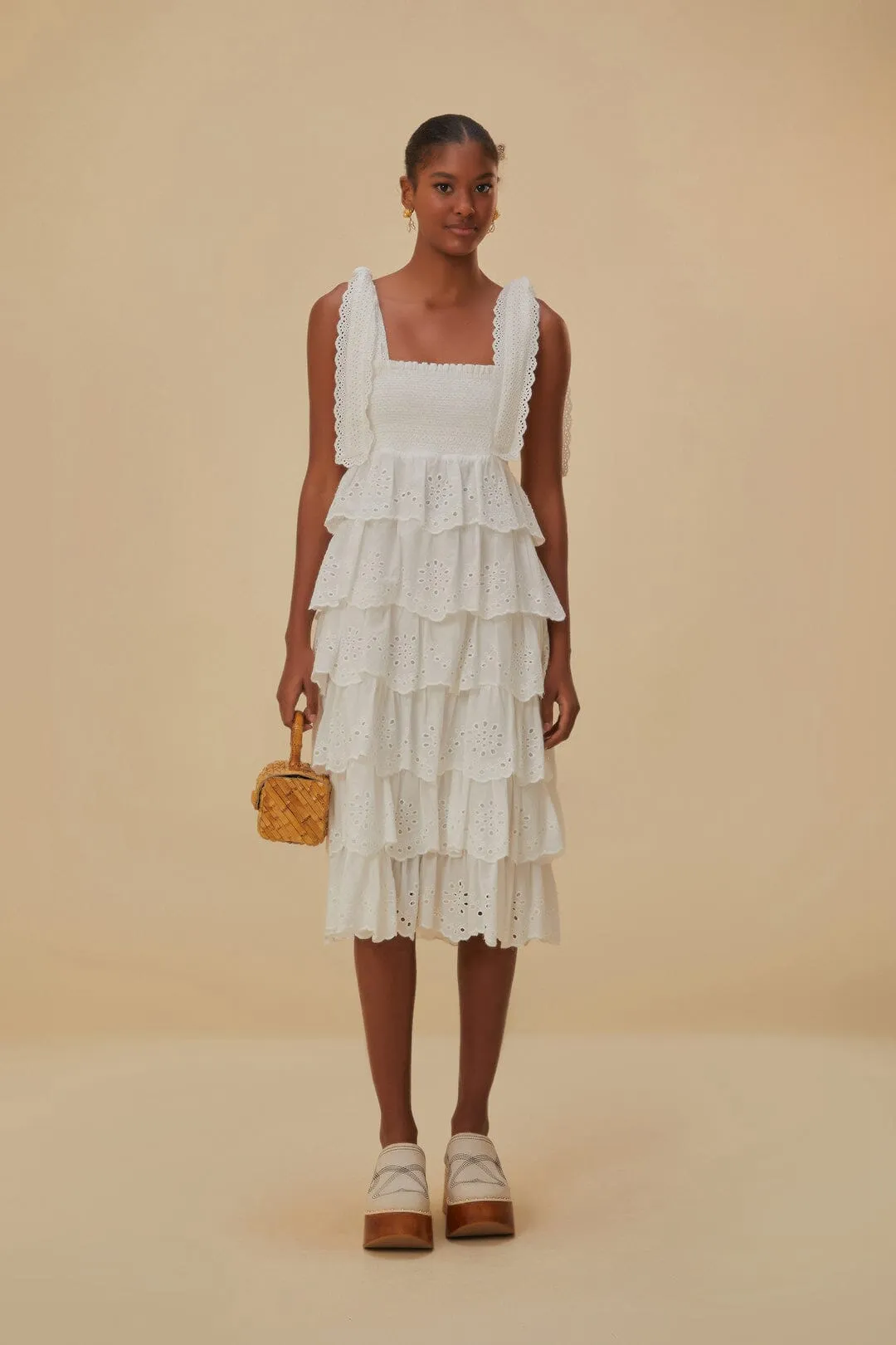 Off-White Embroidered Ruffle Midi Dress Leaf Song