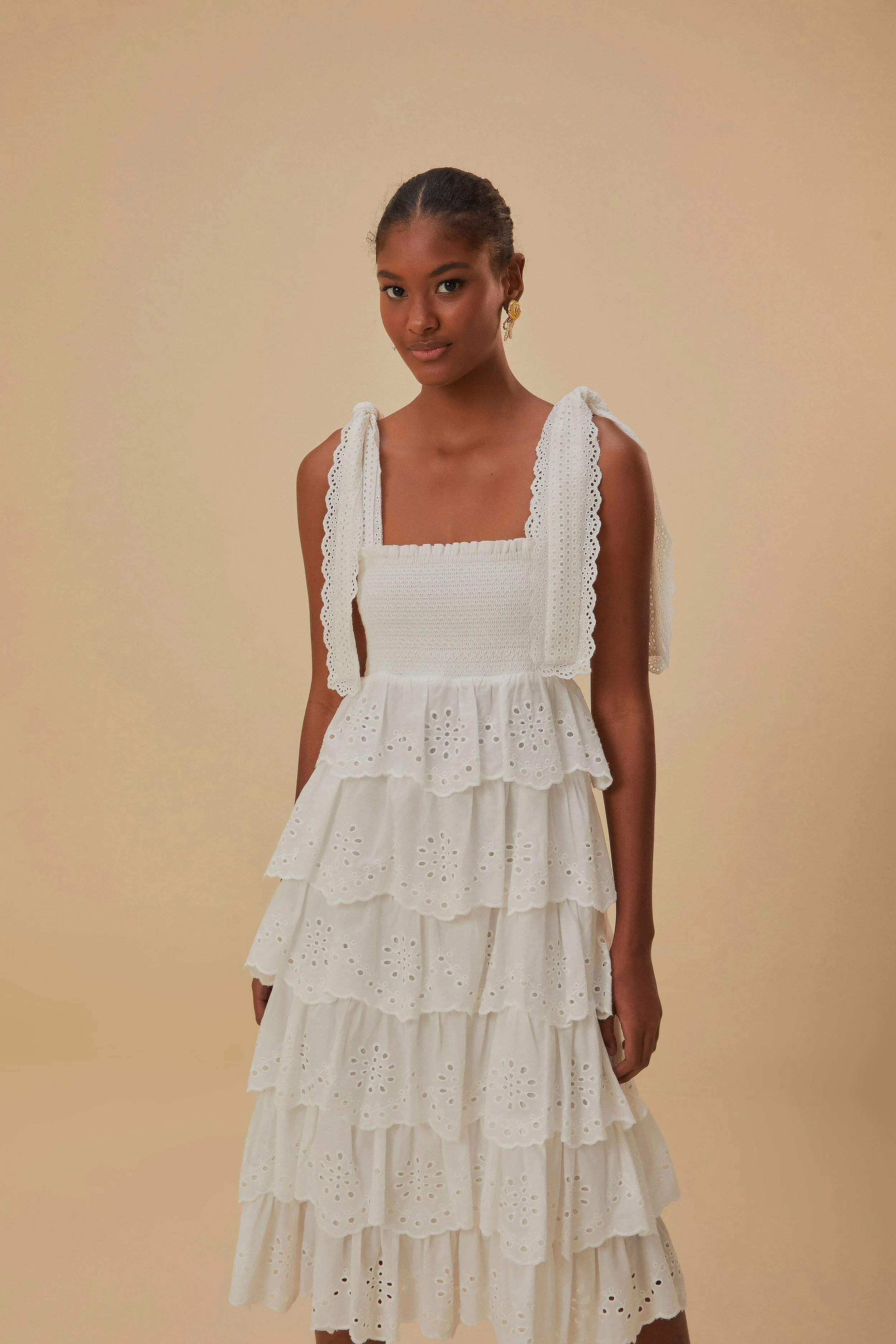 Off-White Embroidered Ruffle Midi Dress Classic Smart