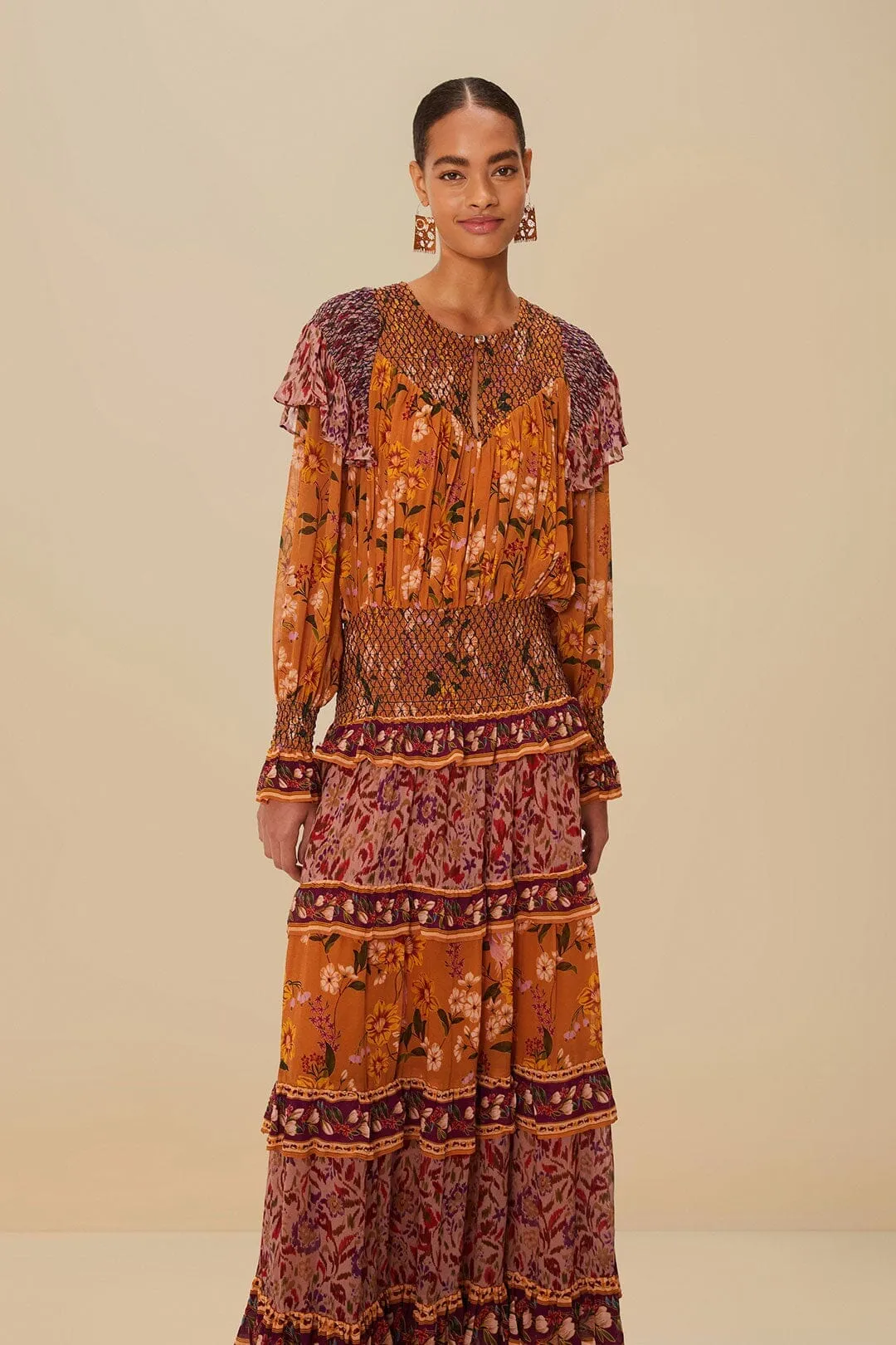 Colorful Birds Camel Smocking Long Sleeve Maxi Dress Tropical Path