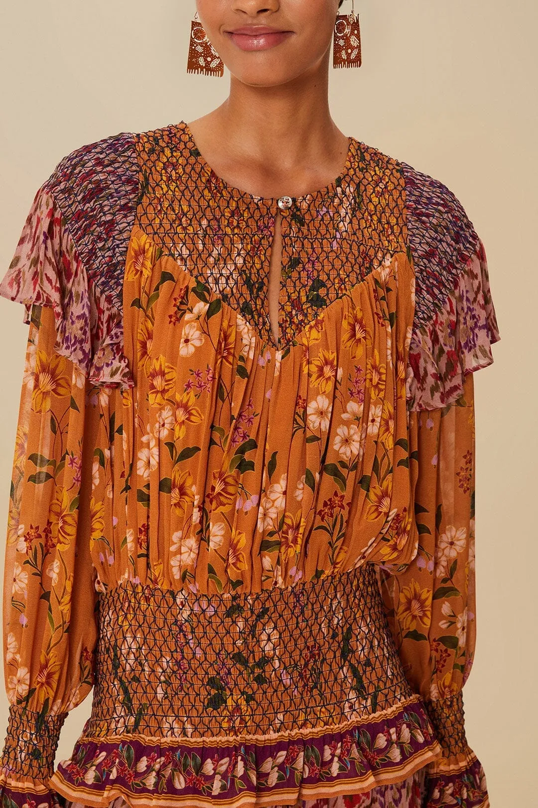 Colorful Birds Camel Smocking Long Sleeve Maxi Dress Coral Pop Applique Glow