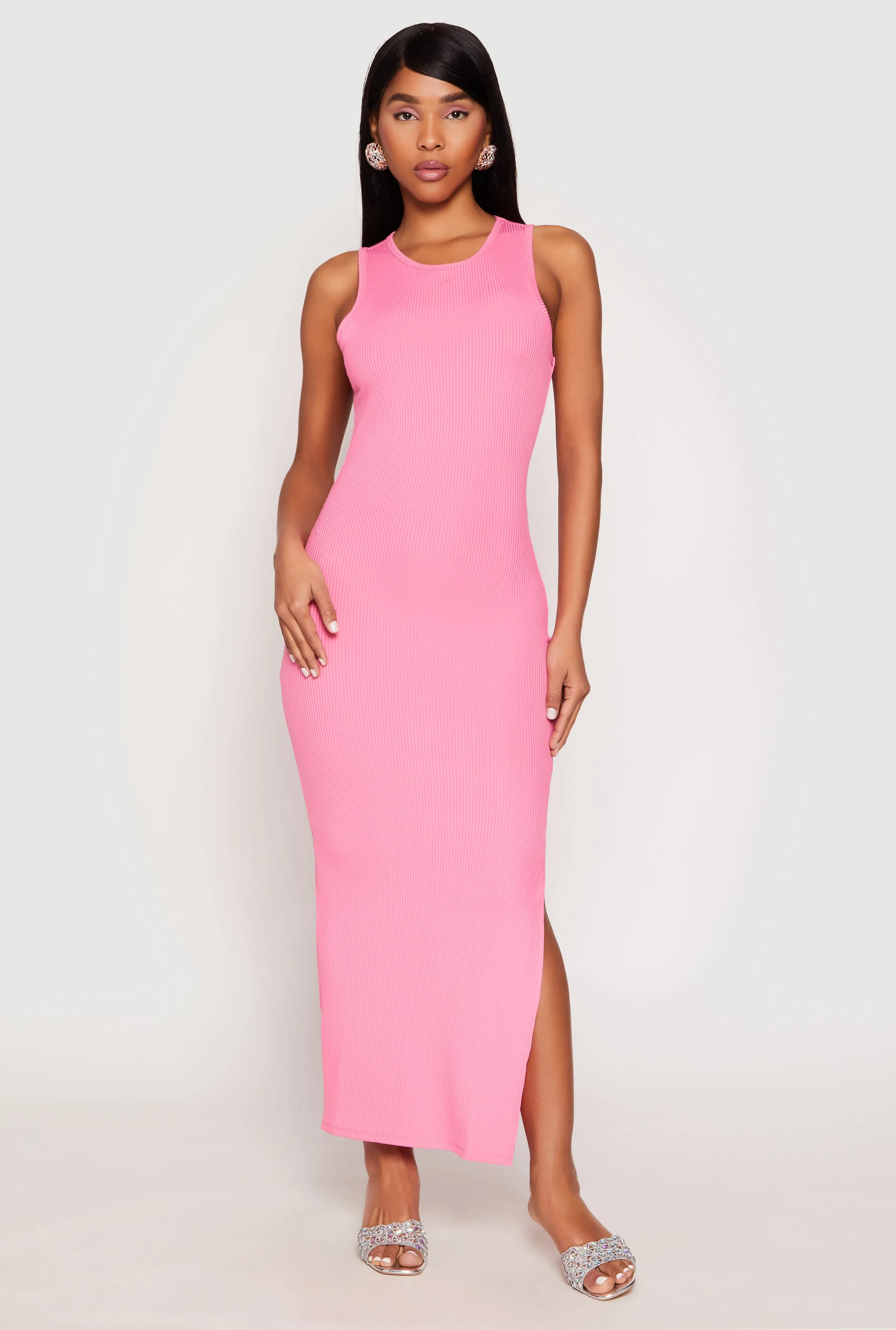 Ribbed Knit Side Slit Tank Maxi Dress Trim Glow