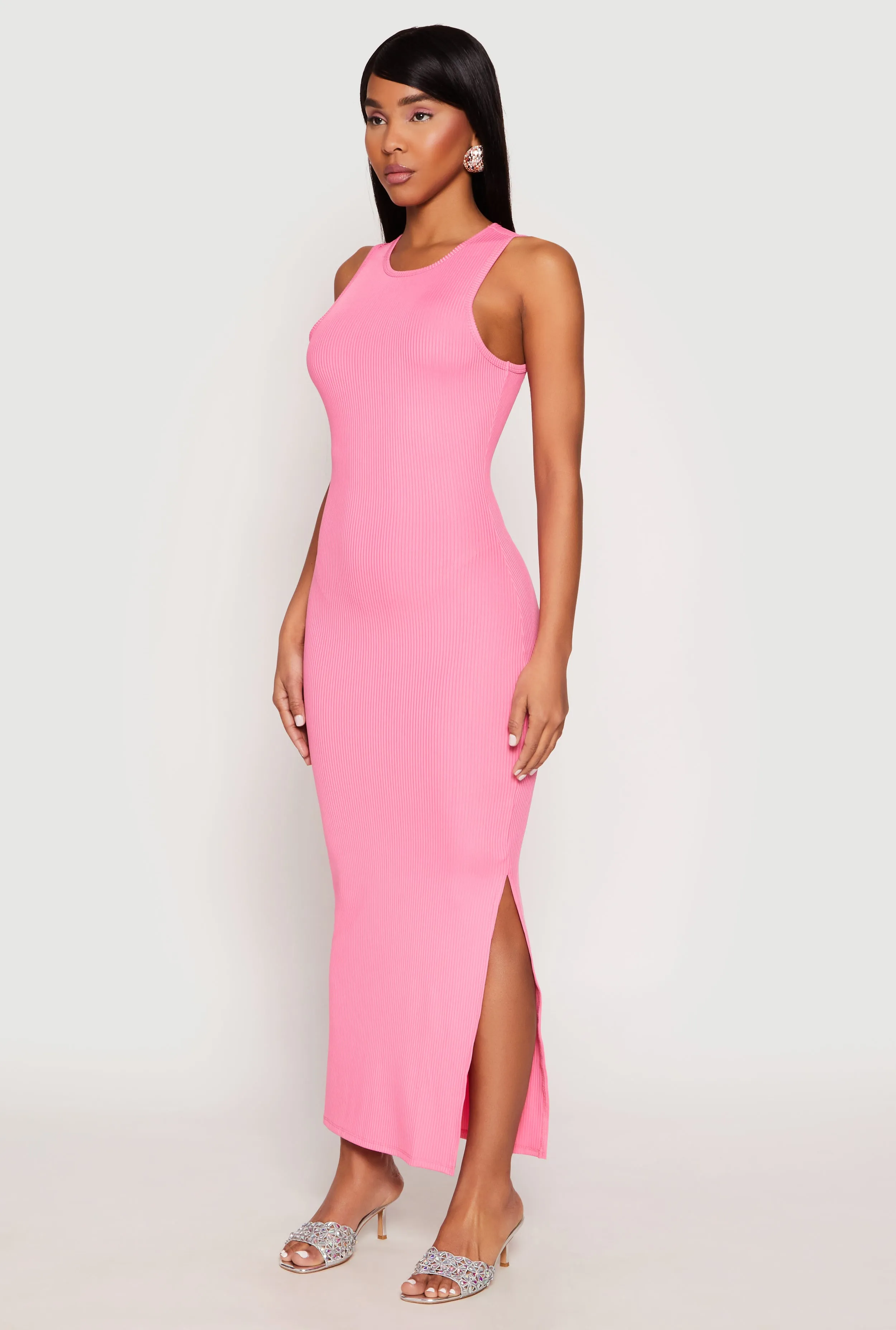 Ribbed Knit Side Slit Tank Maxi Dress Comfortable evening wear This dress offers an elegant and refined look for any event or casual outing