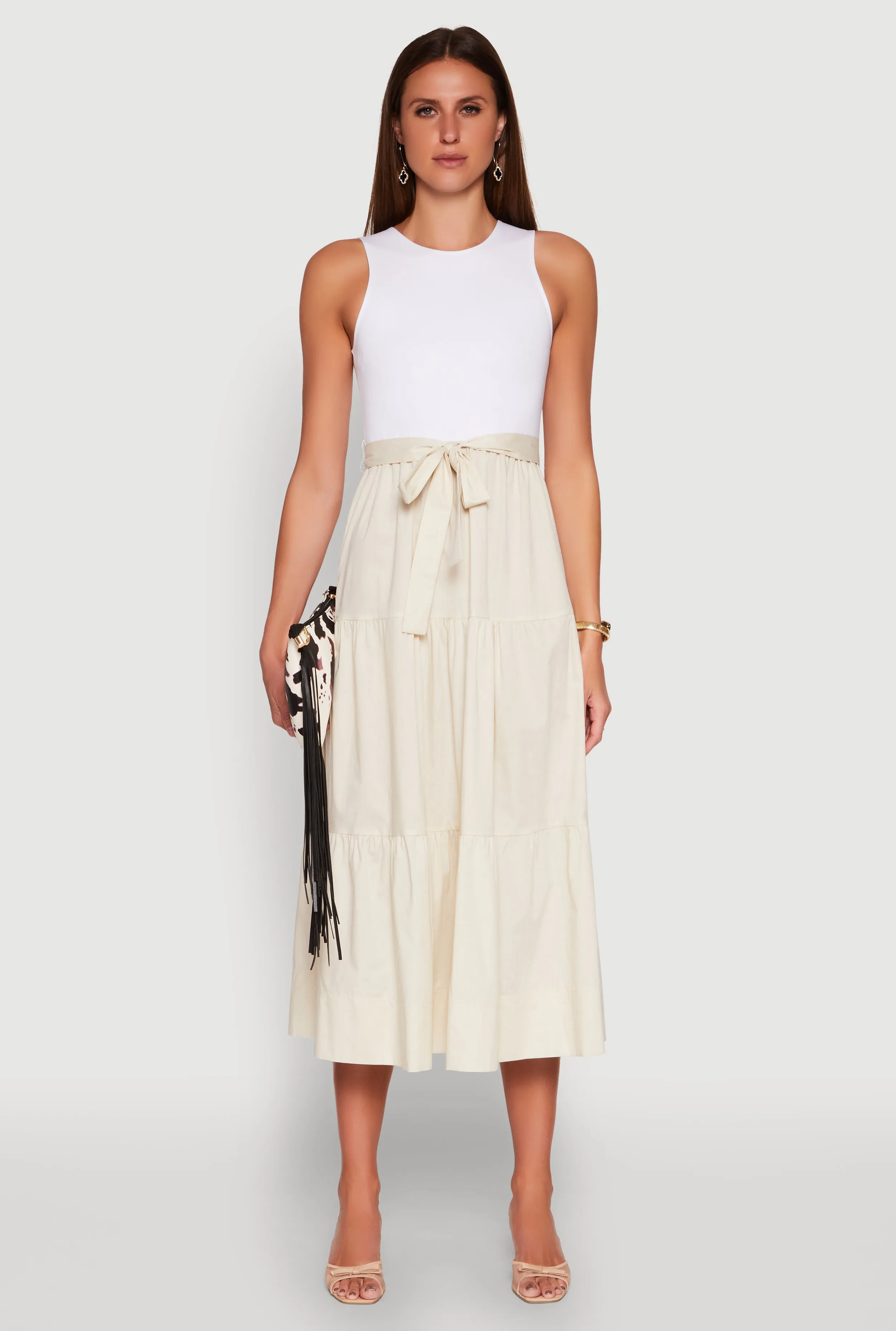 Tie Waist Belted Tiered Maxi Dress This dress provides a flattering look for any body type thanks to its classic design