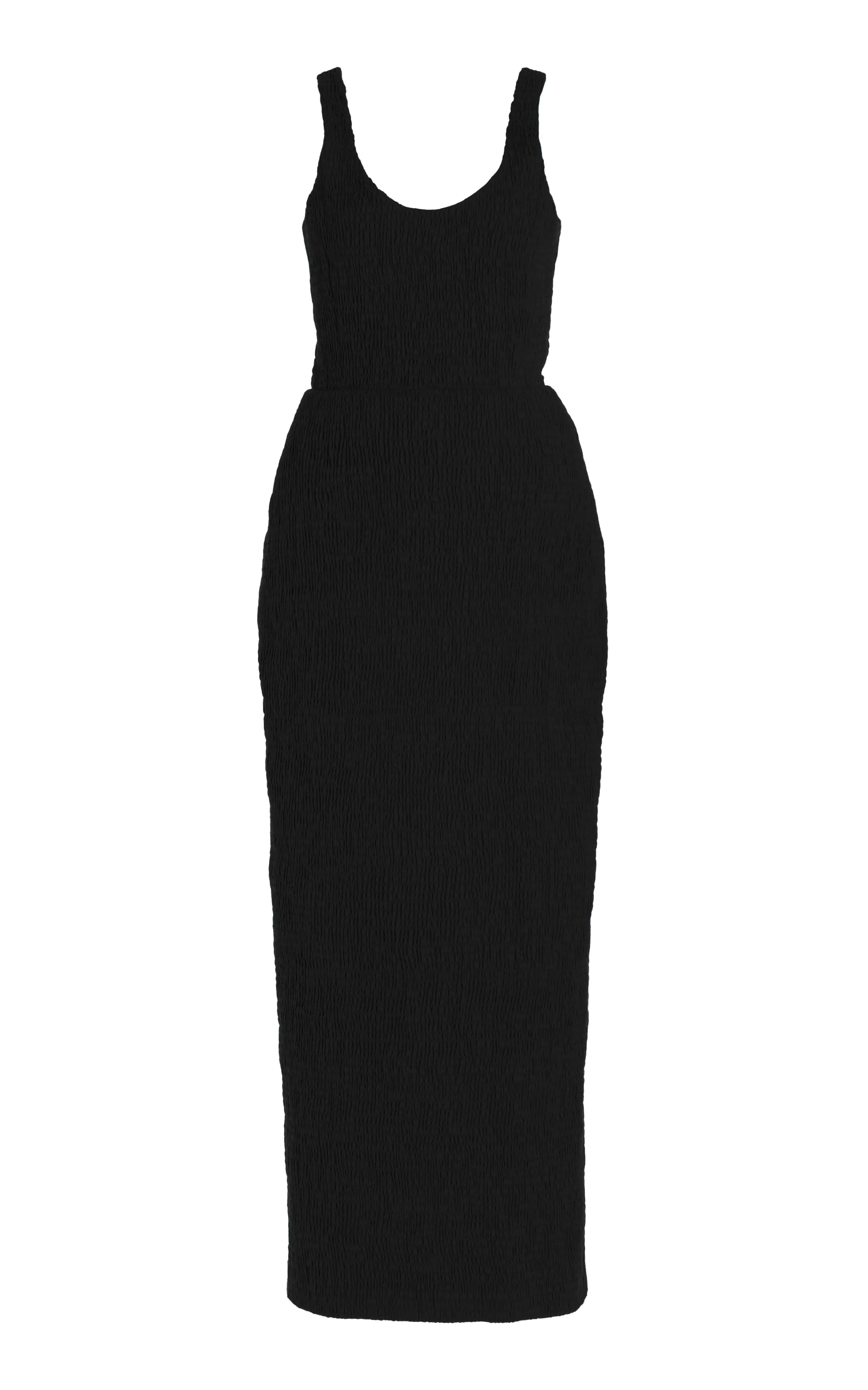 Girard Shirred Maxi Dress in Black Aloe Linen BiasCut Trims Luxury Core