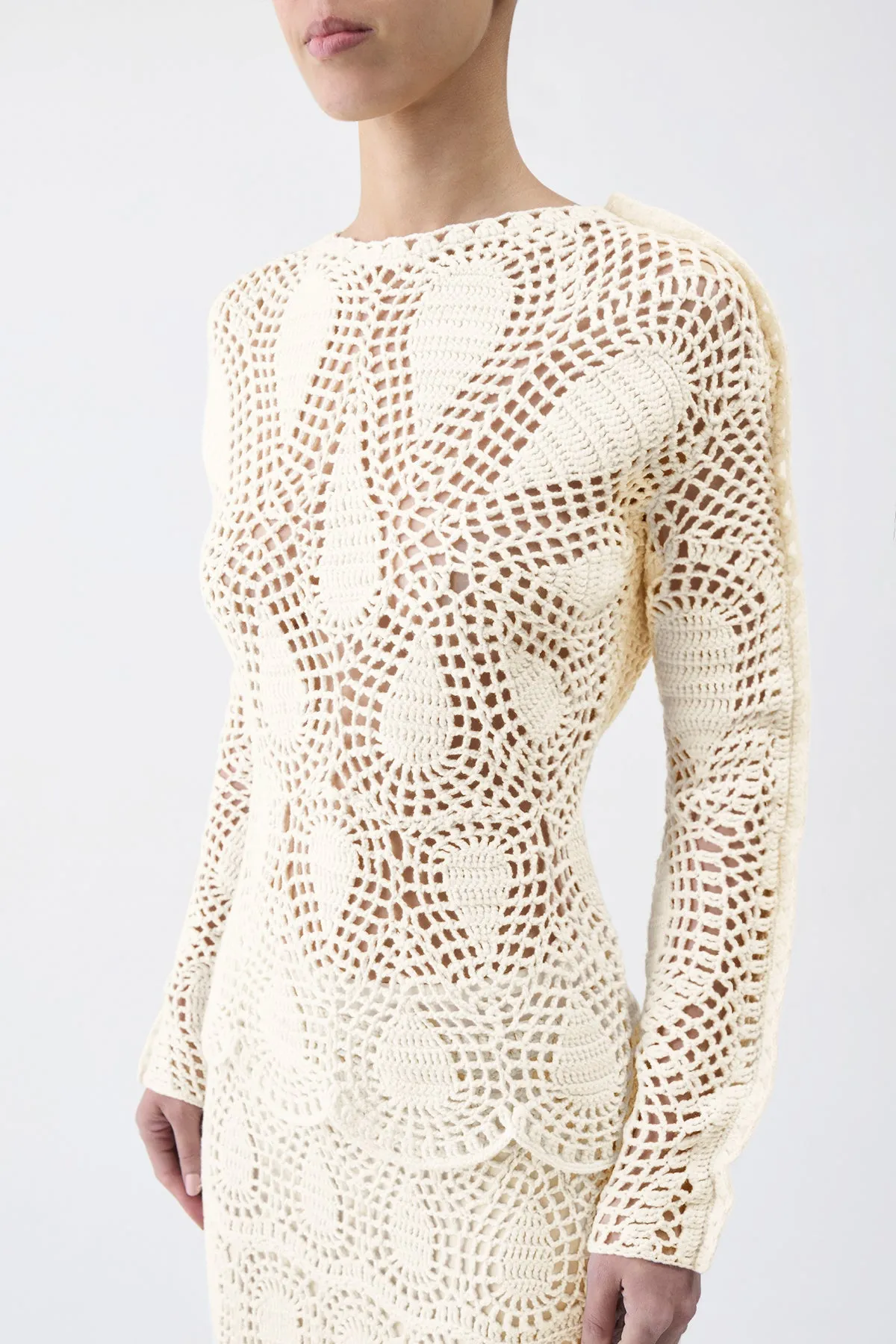 Matte Texture Casual Edge Cleo Crochet Maxi Skirt in Ivory Wool Cashmere