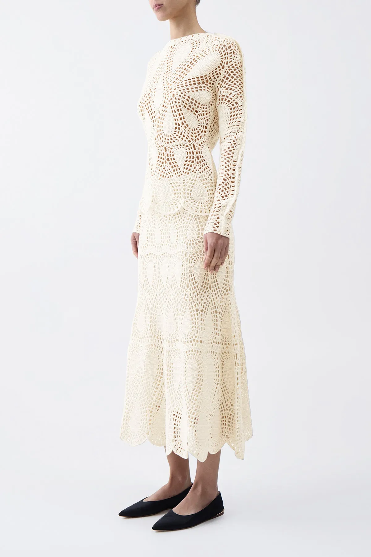 Stylish Vibe Layered Design Cleo Crochet Maxi Skirt in Ivory Wool Cashmere