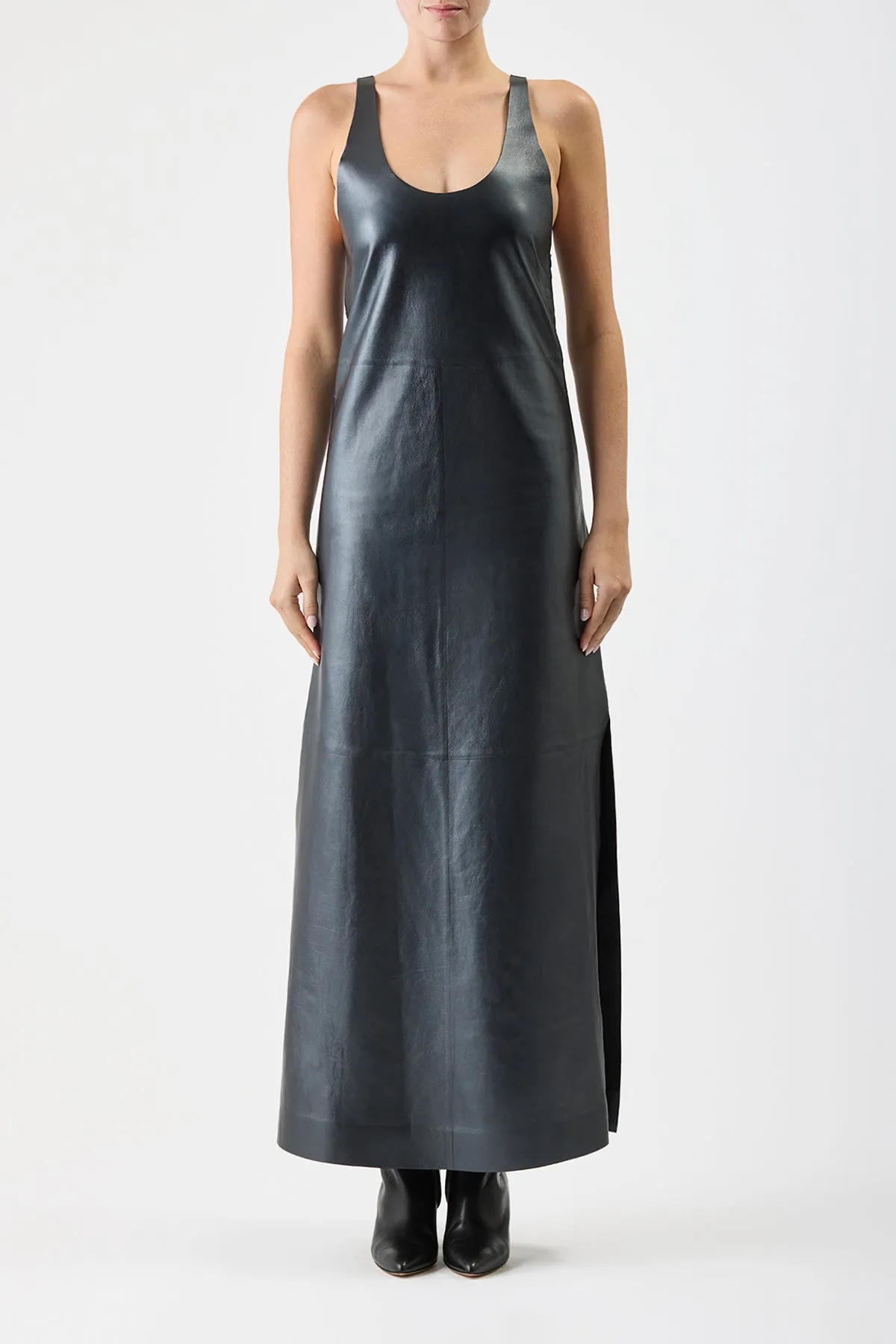 Korean Fresh Ellson Maxi Dress in Black Metallic Nappa Leather