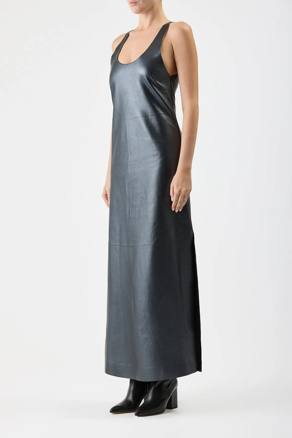 AI Style Ellson Maxi Dress in Black Metallic Nappa Leather