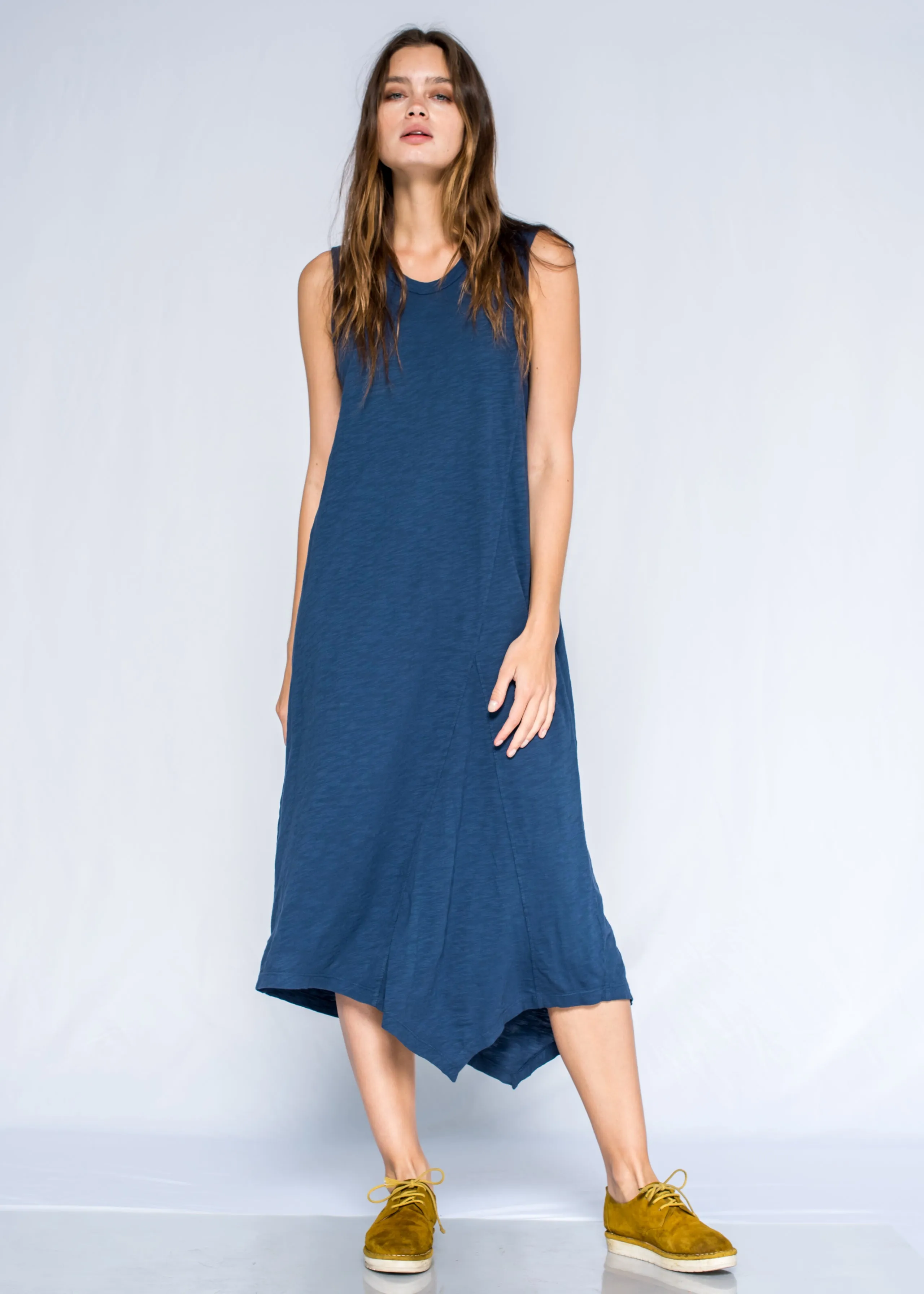 ShrinkageFree Fabric Cozy Wrap Crew Easy Shell Dress Gusset Front Back Slant Hem