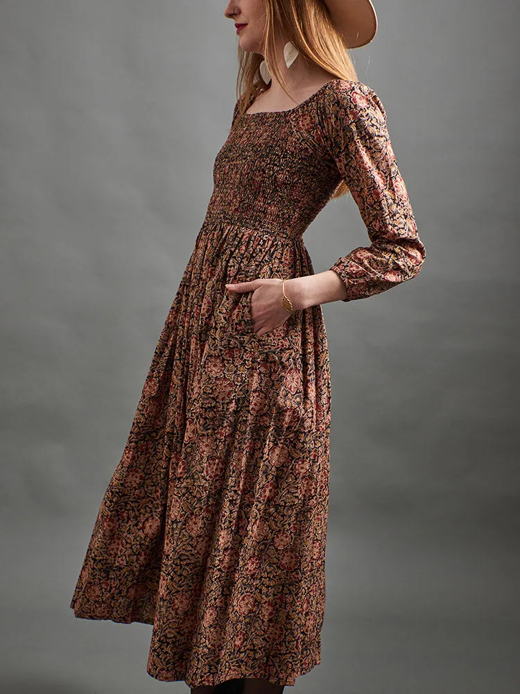 Hailee Smocked Midi Dress - Black Floral Frost Glow AntiPilling