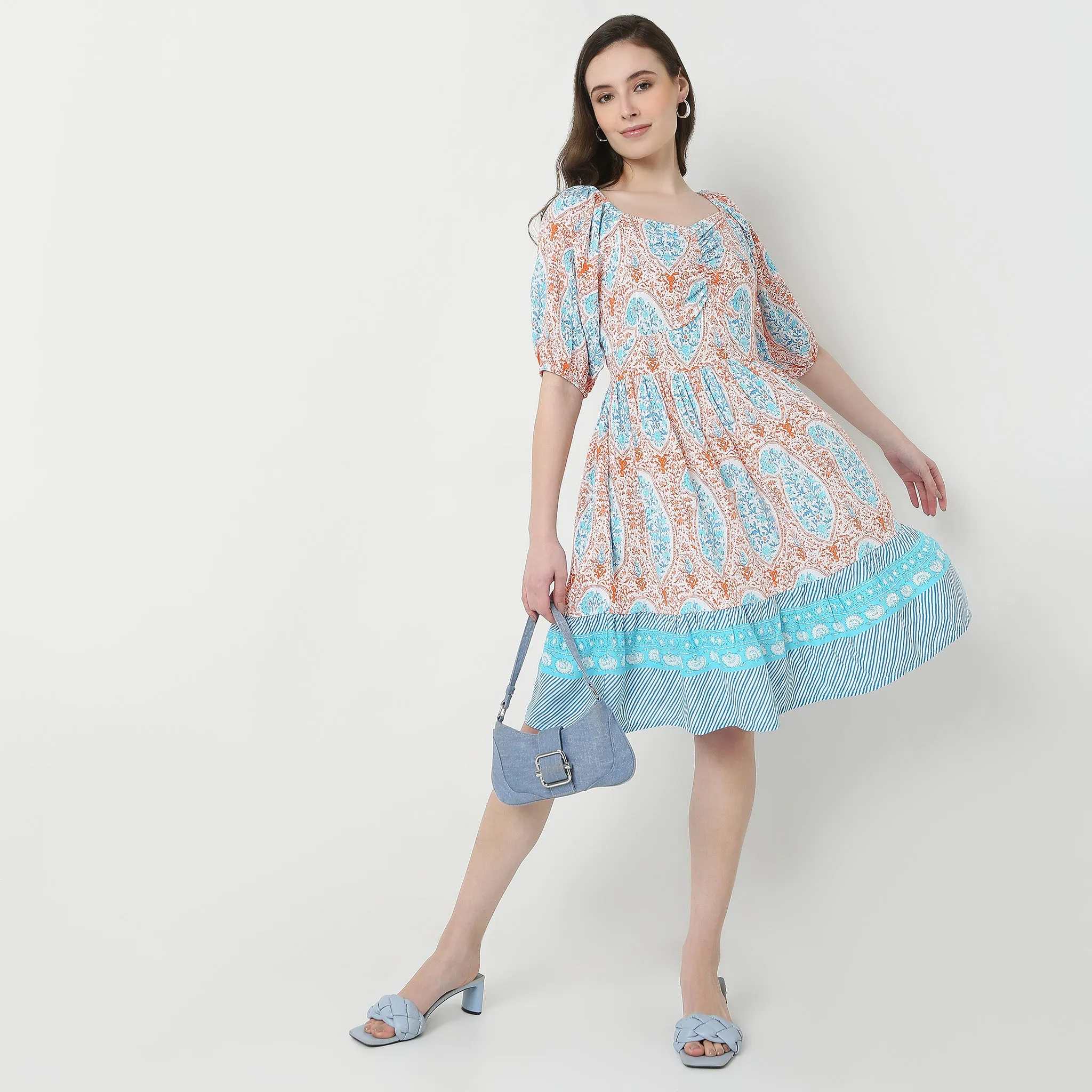 Printed Front Ruched Tiered Dress AntiPillingFabric