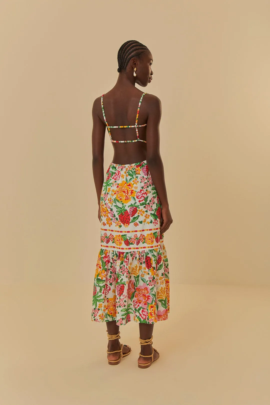 White Floral Sketch Midi Dress Comfortable Style