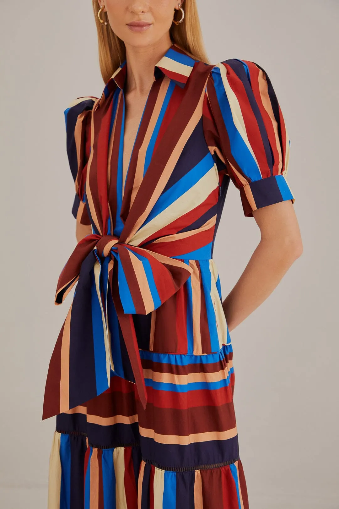 Multicolor Winter Stripes Short Sleeve Midi Dress Work Smart