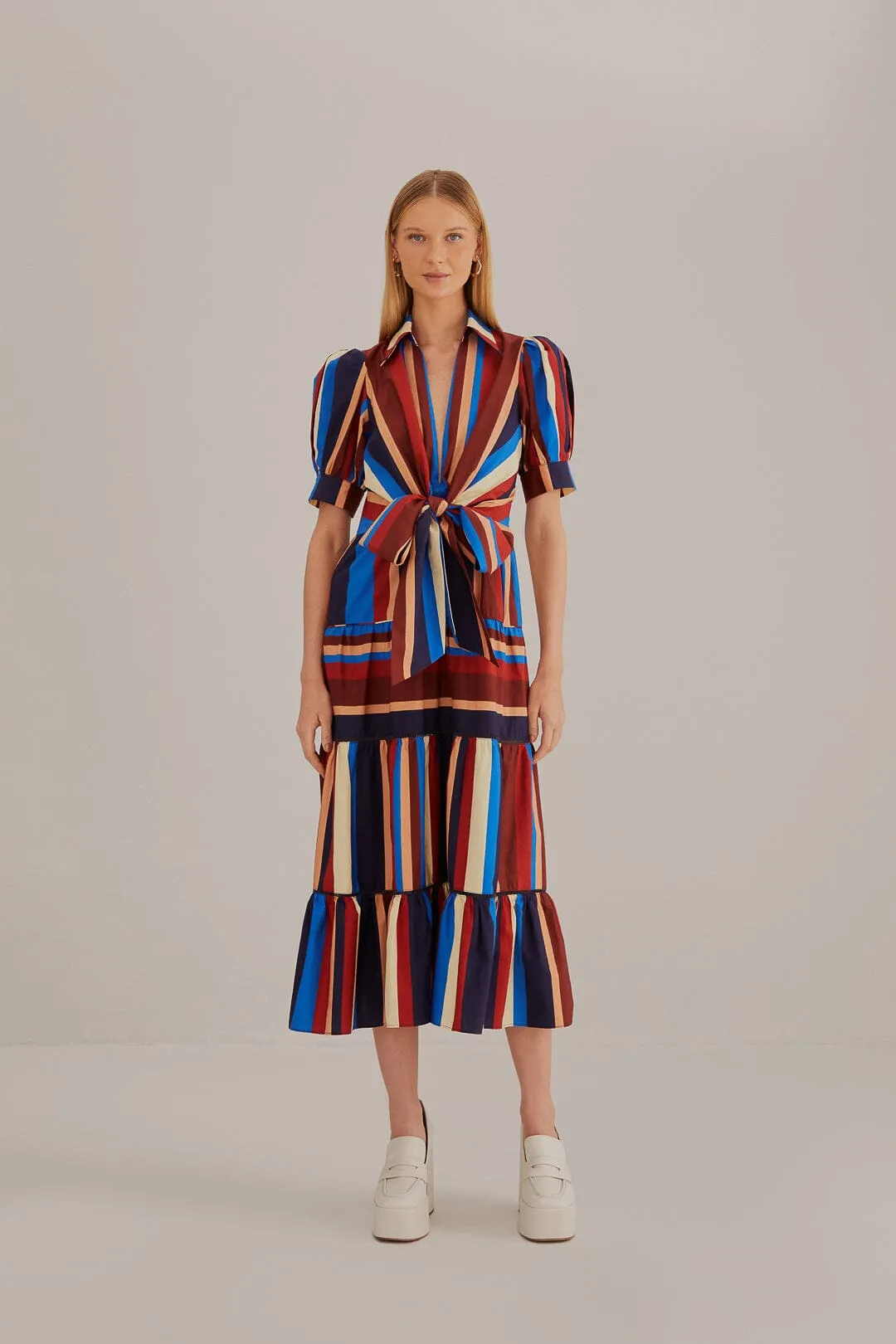 Event Ready Multicolor Winter Stripes Short Sleeve Midi Dress
