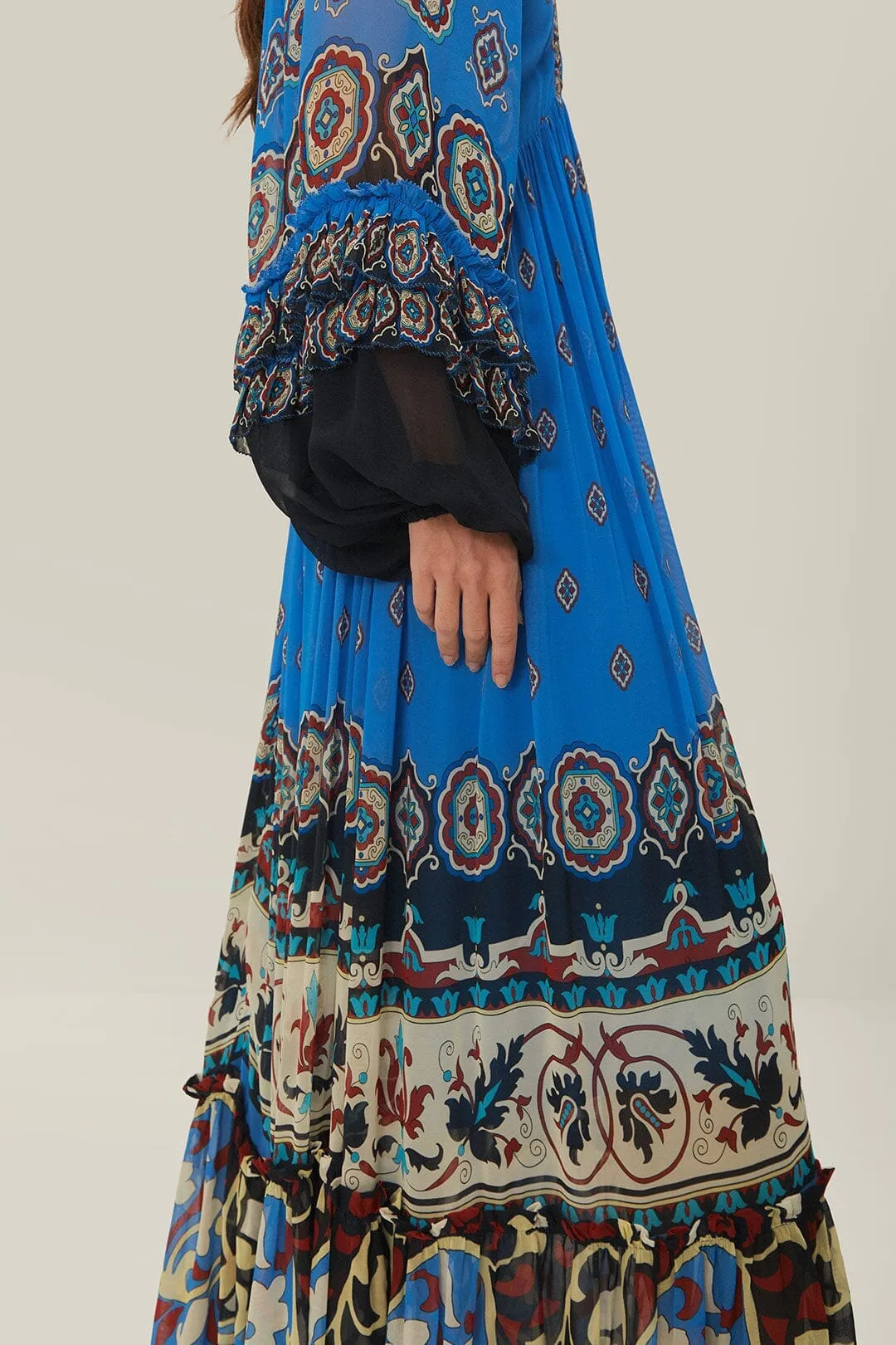 White Pure Blue Ainika Tiles Maxi Dress