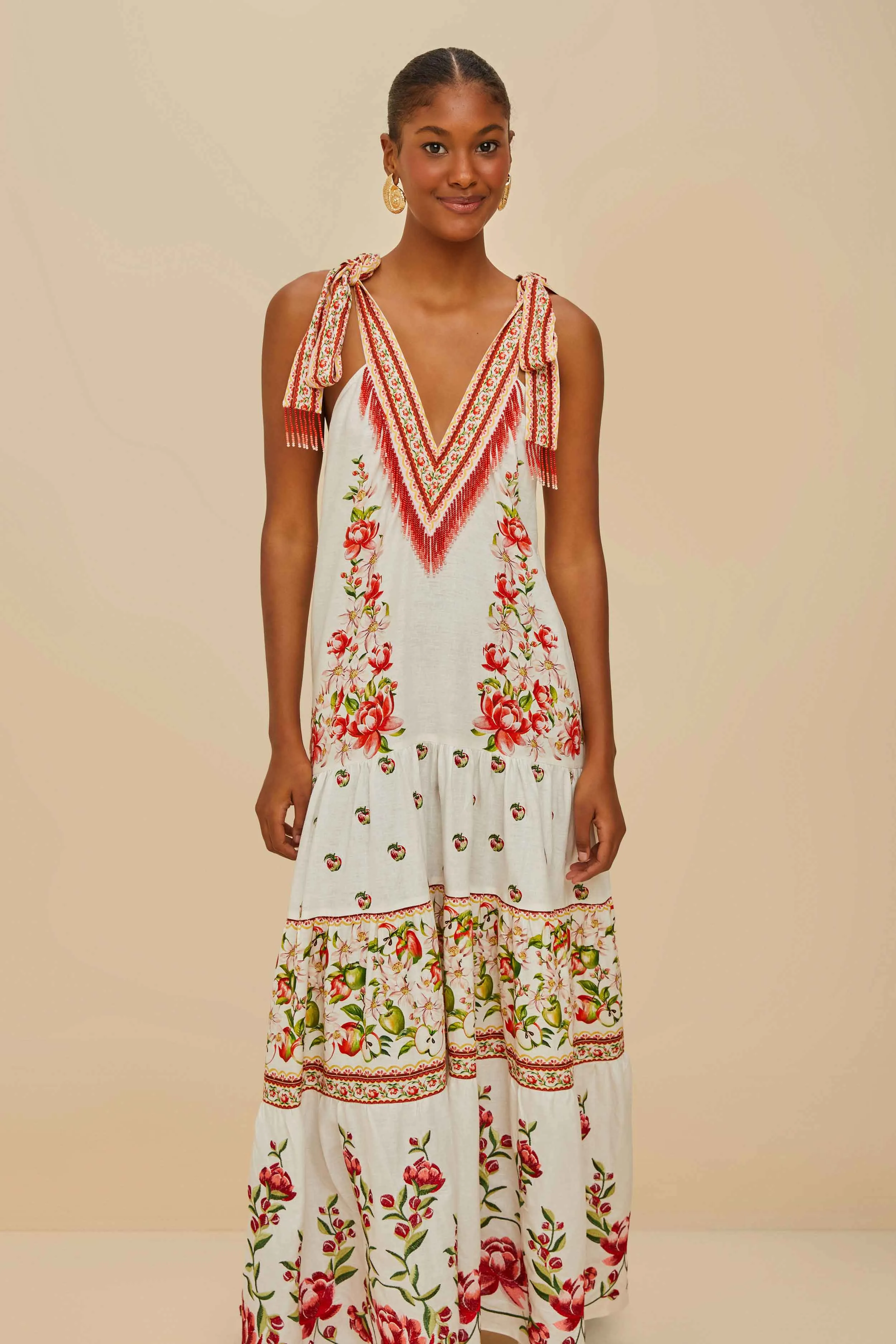 Brick Path Off-White Apple Romance Embroidered LENZING? ECOVERO? Euroflax? Maxi Dress