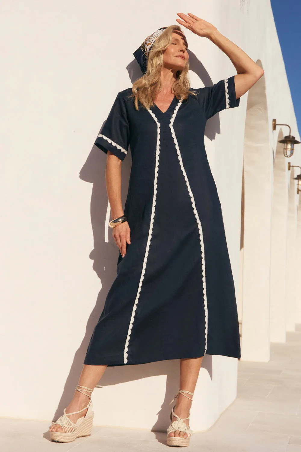 Lamp Glow Tamara Linen V-Neck Dress in Beachside