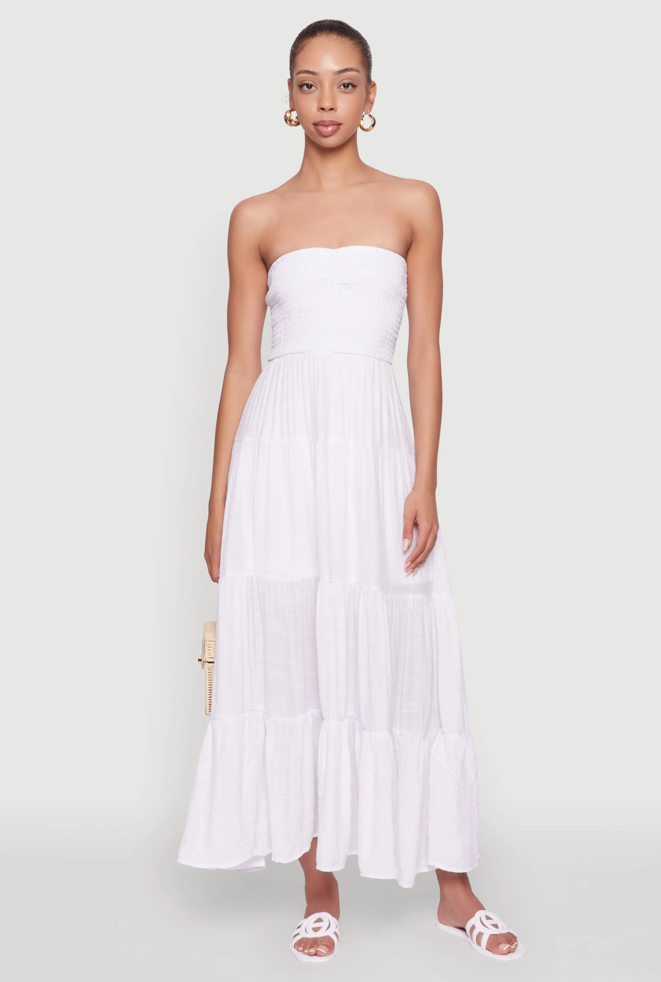 Elegant Strapless Smocked Tiered Dress Ocean Breeze