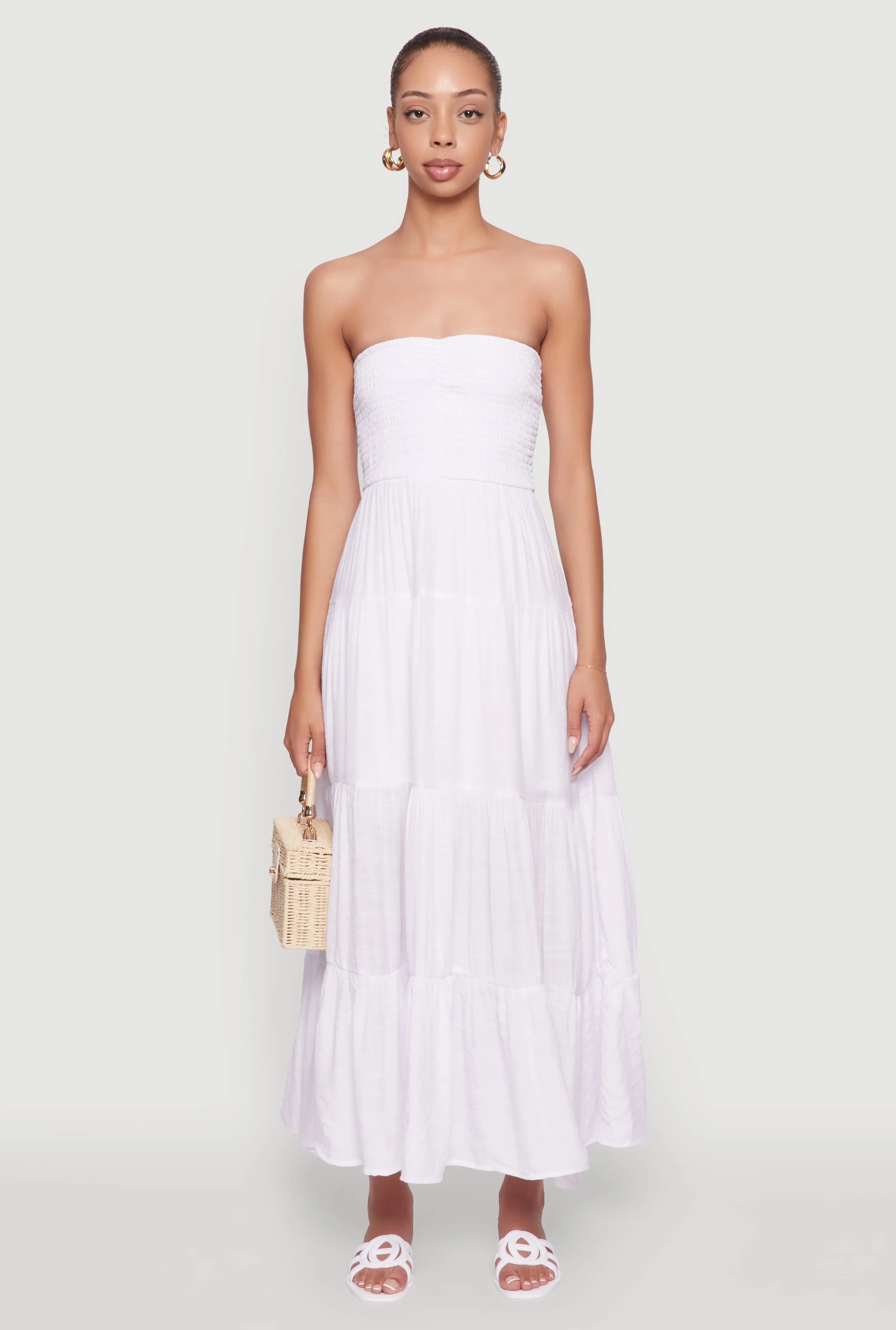 Elegant Strapless Smocked Tiered Dress Mist Path